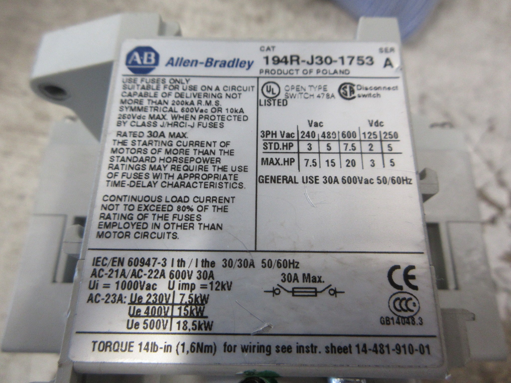 Allen-Bradley Fusible Disconnect Switch 194R-J30-1753 Ser. A 30A 600V 3P Used