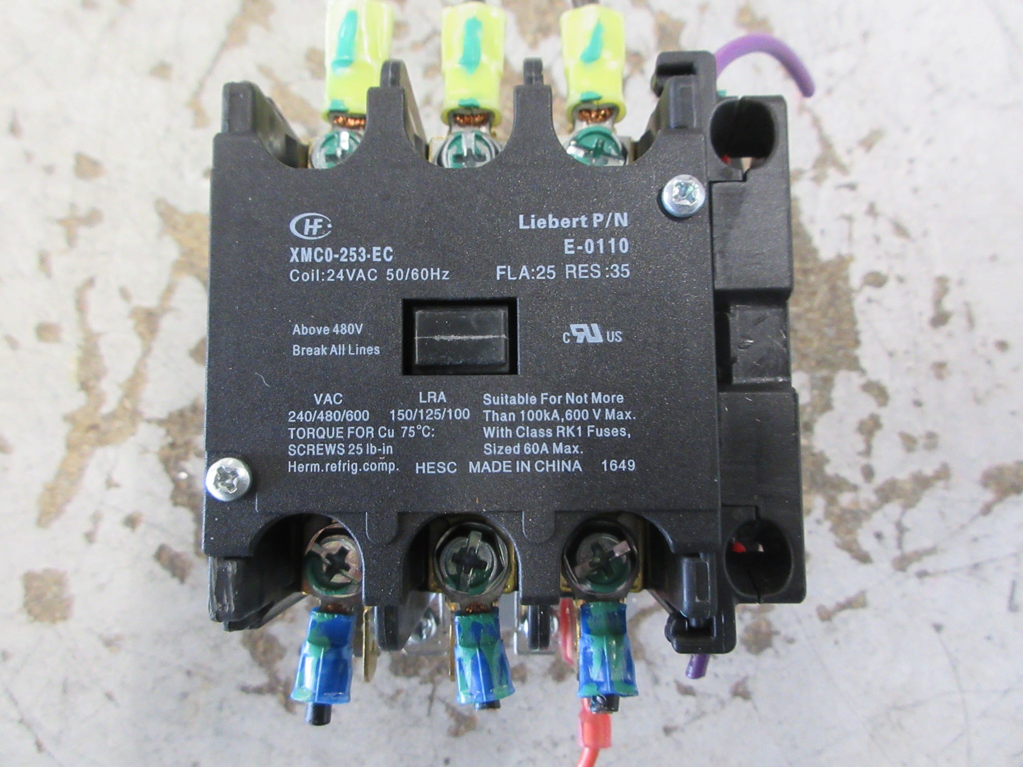 Liebert Contactor E-0110 24V Coil 25A 600V W/Aux Contact Used