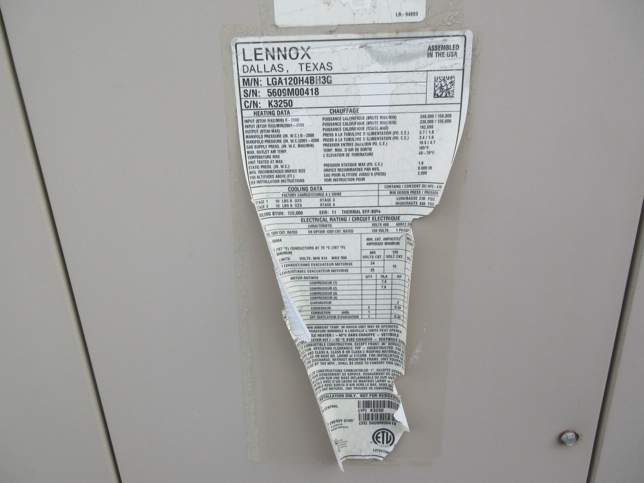 Lennox LGA Rooftop Unit LGA120H4BH3G 10-Ton 460V 3Ph Natural Gas Heat Used