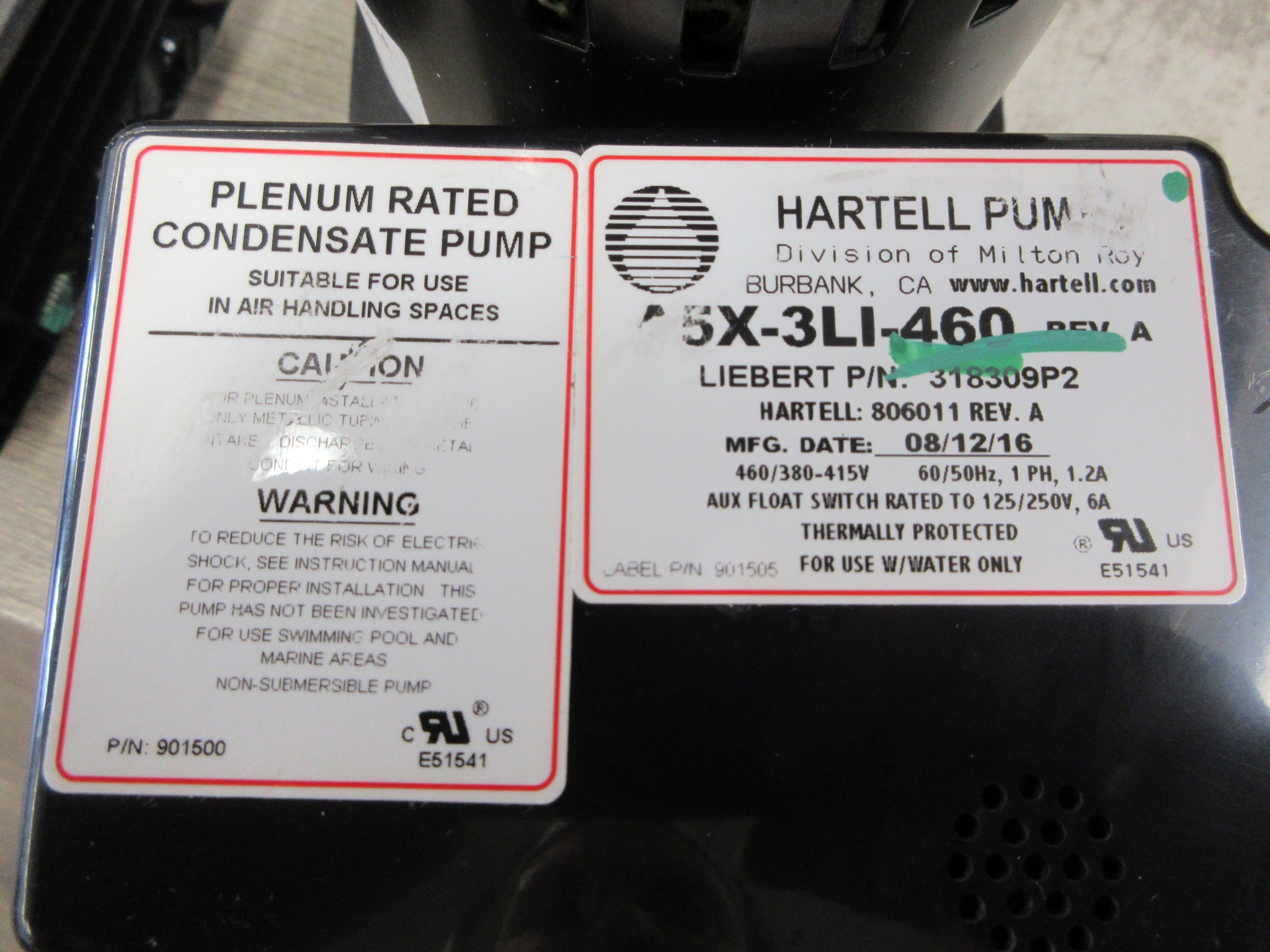 Hartell Condensate Pump A5X-3LI-460 Rev. A 460/380-415V 60/50Hz 1Ph 1.2A Used