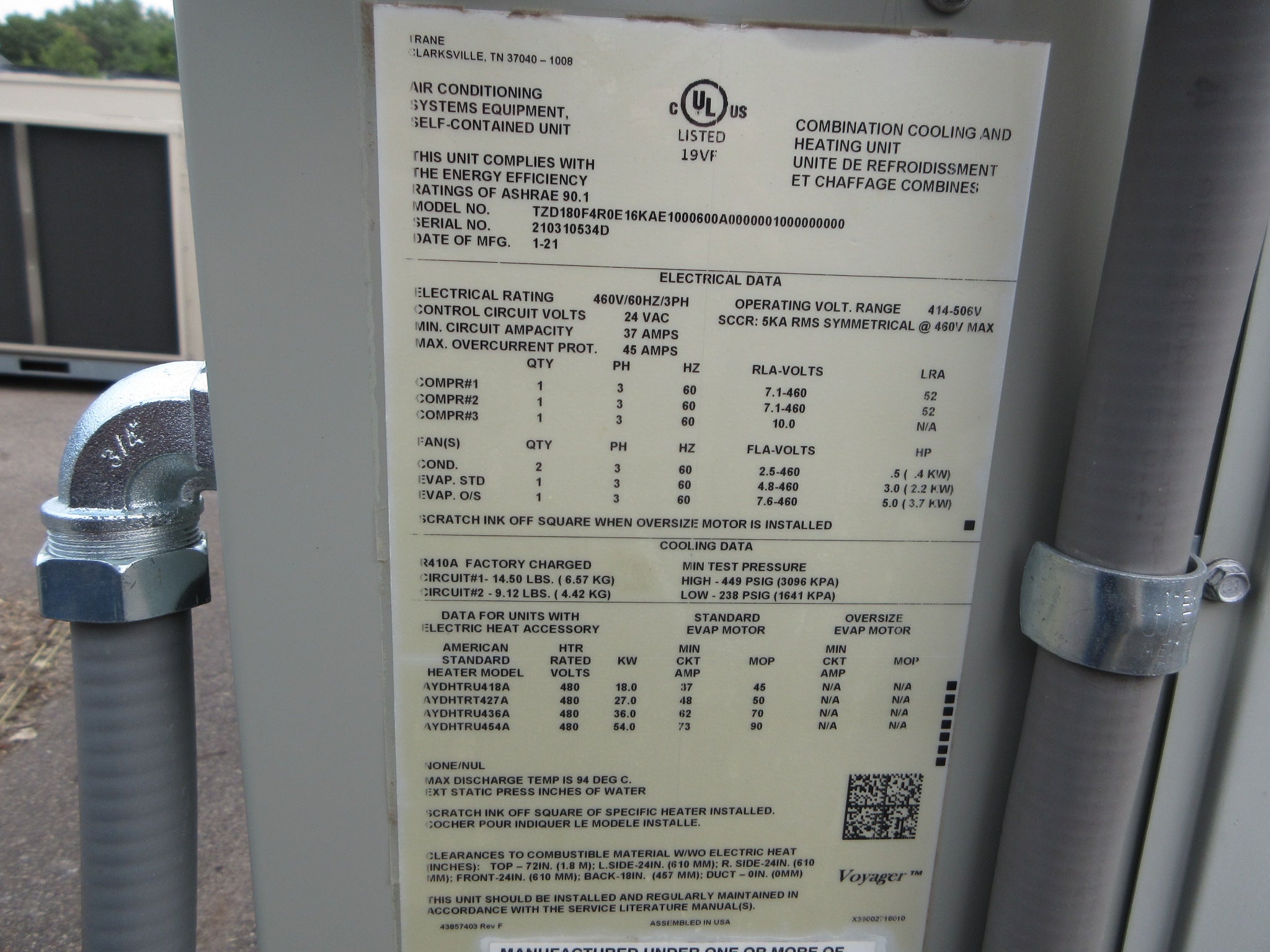 Trane Voyager Rooftop Unit TZD180F4R0E16KAE1… 15-Ton 460V 60Hz 3Ph Used