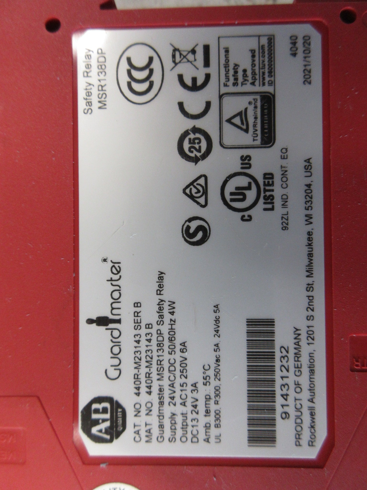 Allen-Bradley Guardmaster MSR138DP Safety Relay 440R-M23143 Ser. B Used