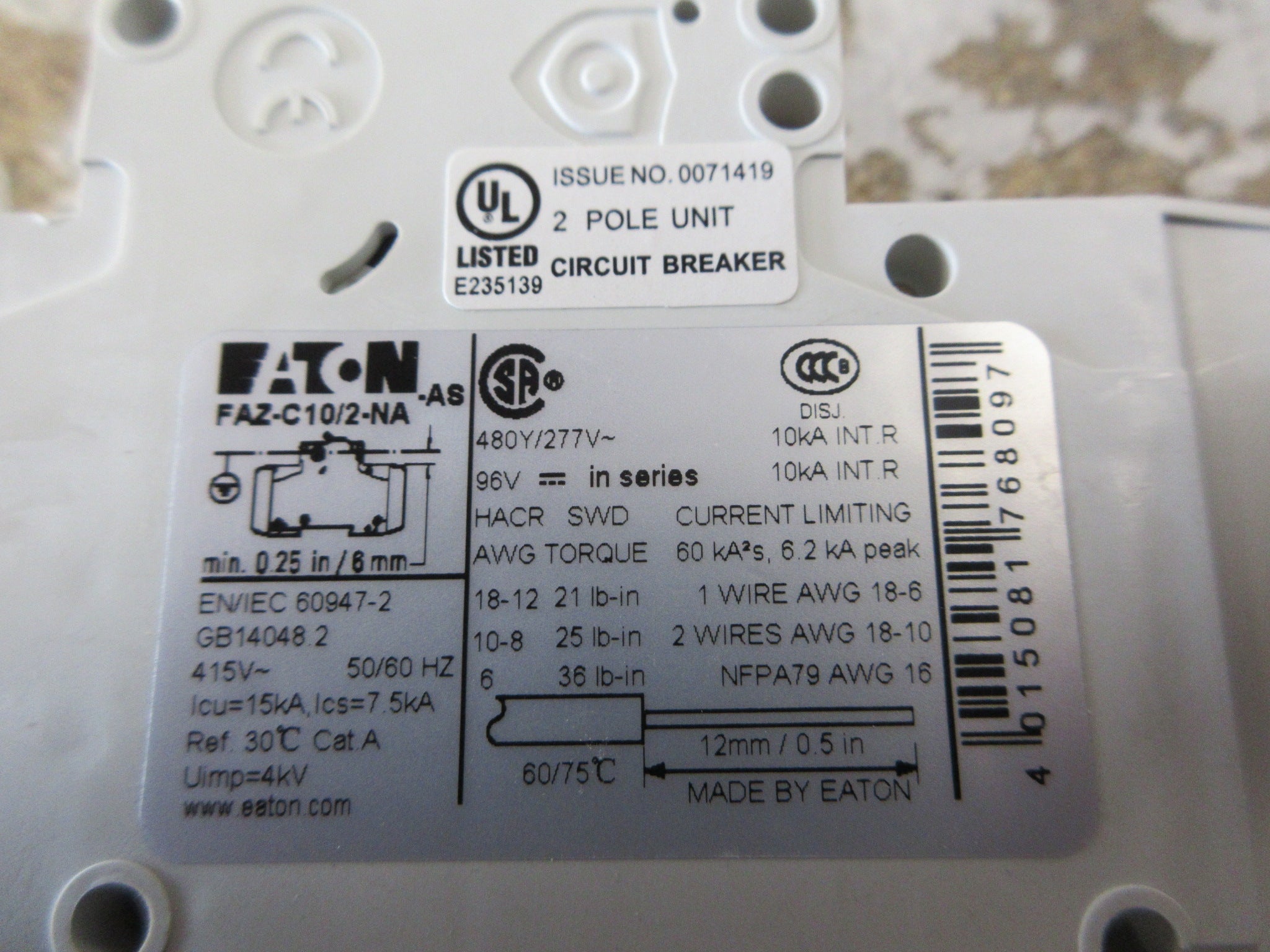 Eaton Circuit Breaker FAZ-C10/2-NA 10A 480Y/277V 2P Used