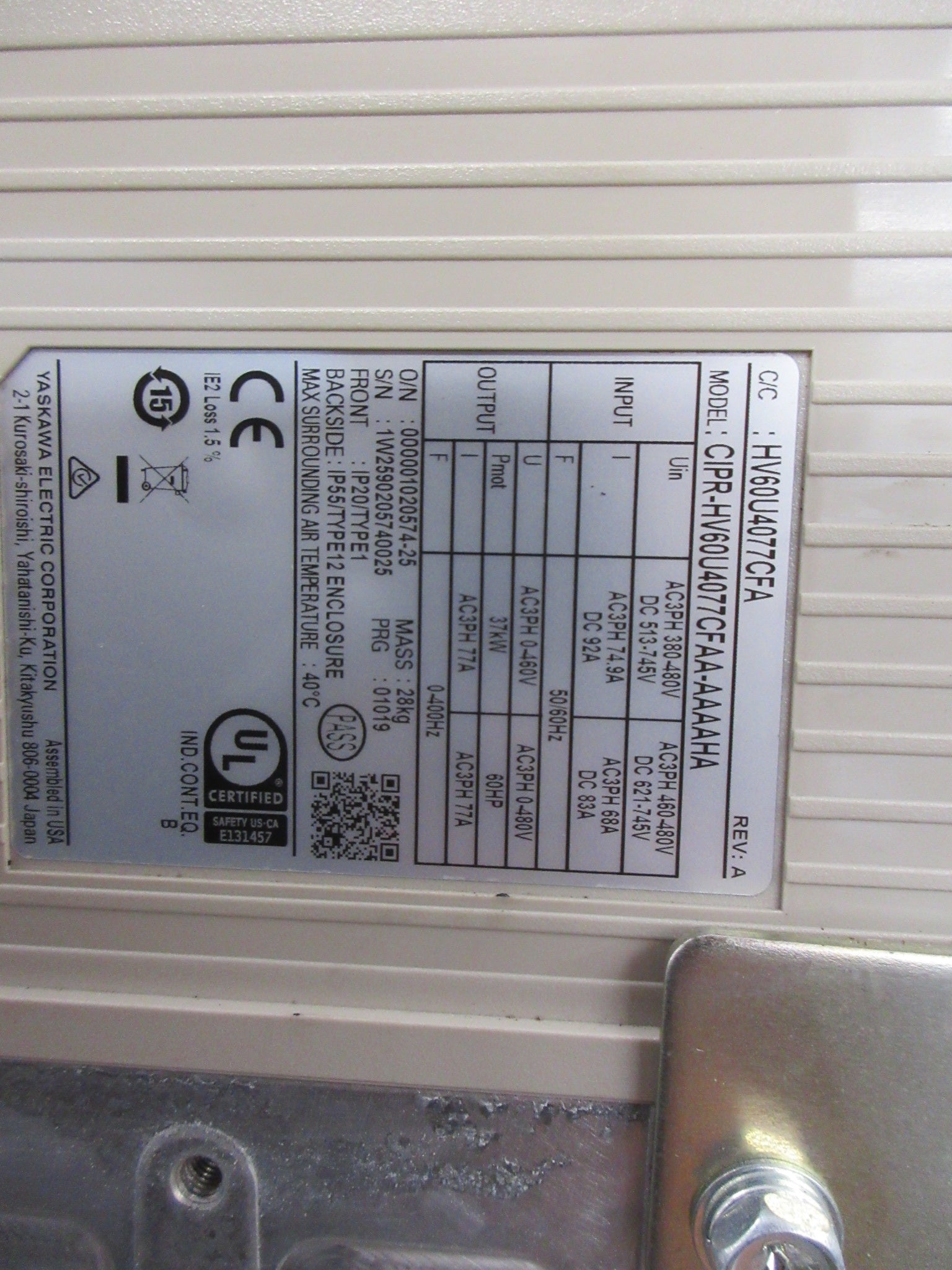 Yaskawa HV600 AC Drive CIPR-HV60U4077CFAA-AAAAHA 60HP Used