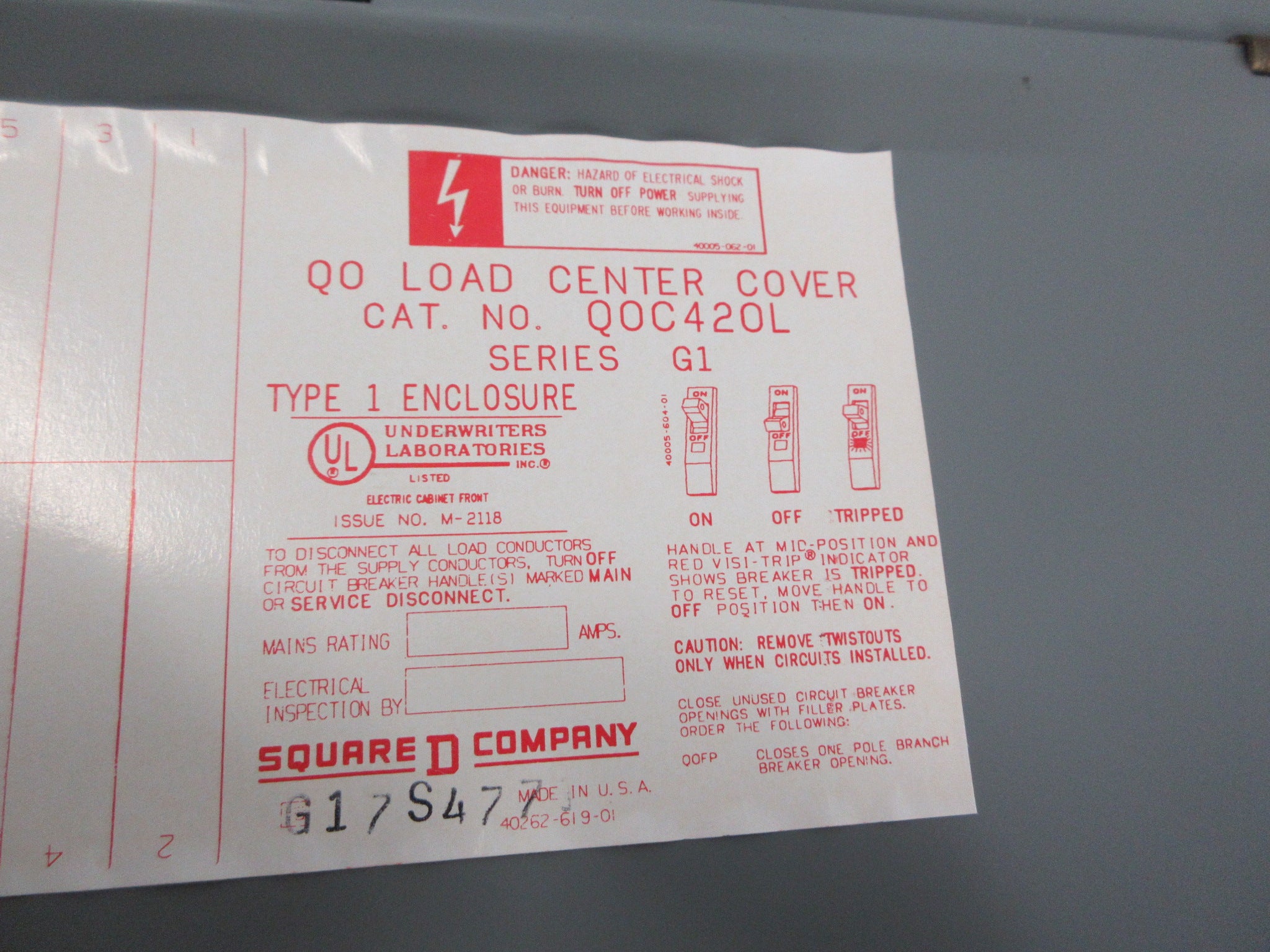 Square D Main Lug Circuit Breaker Panel 20-Circuit Used