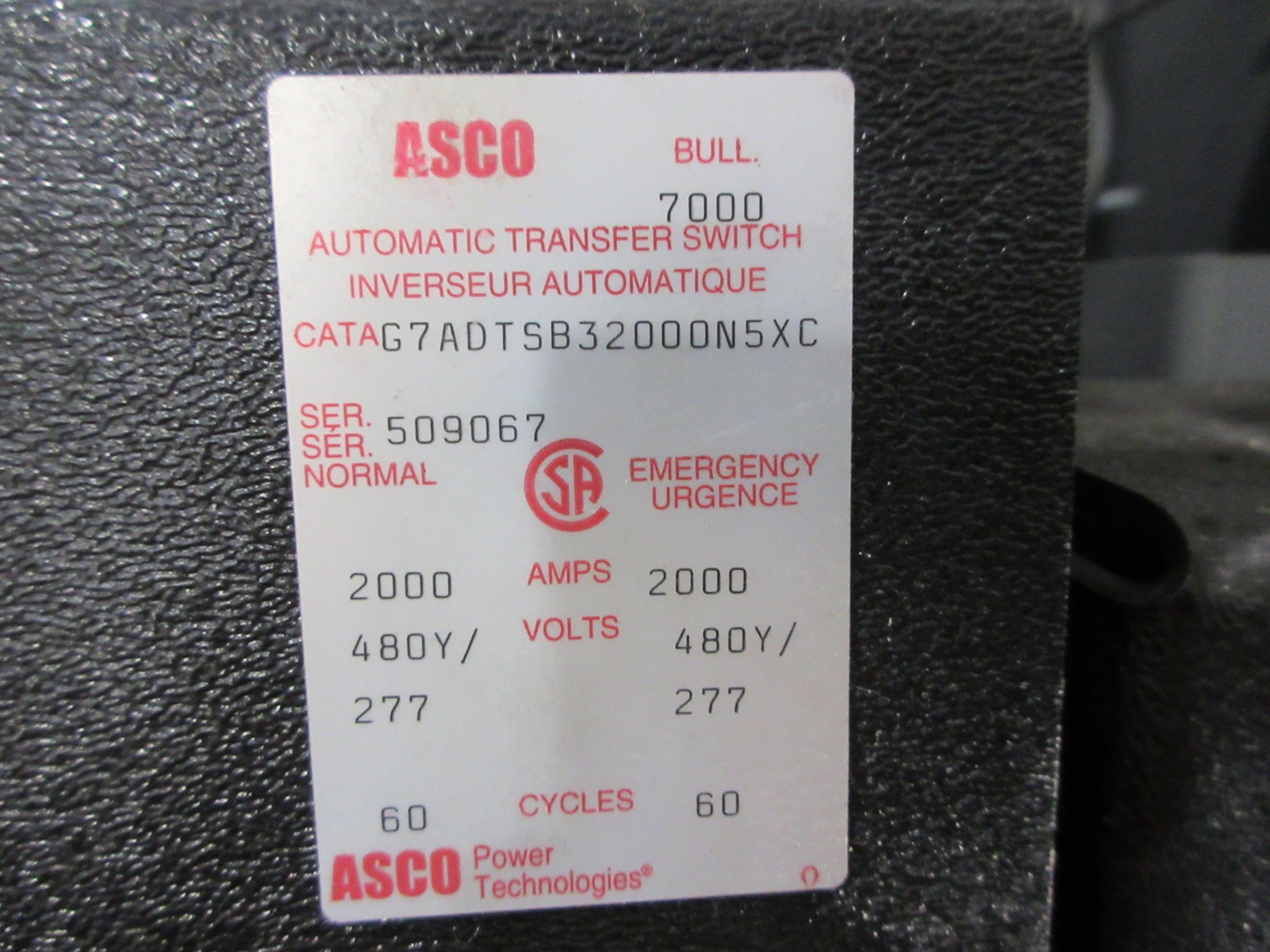 Asco 7000 Series Automatic Delayed Transition Tranfer Switch Used