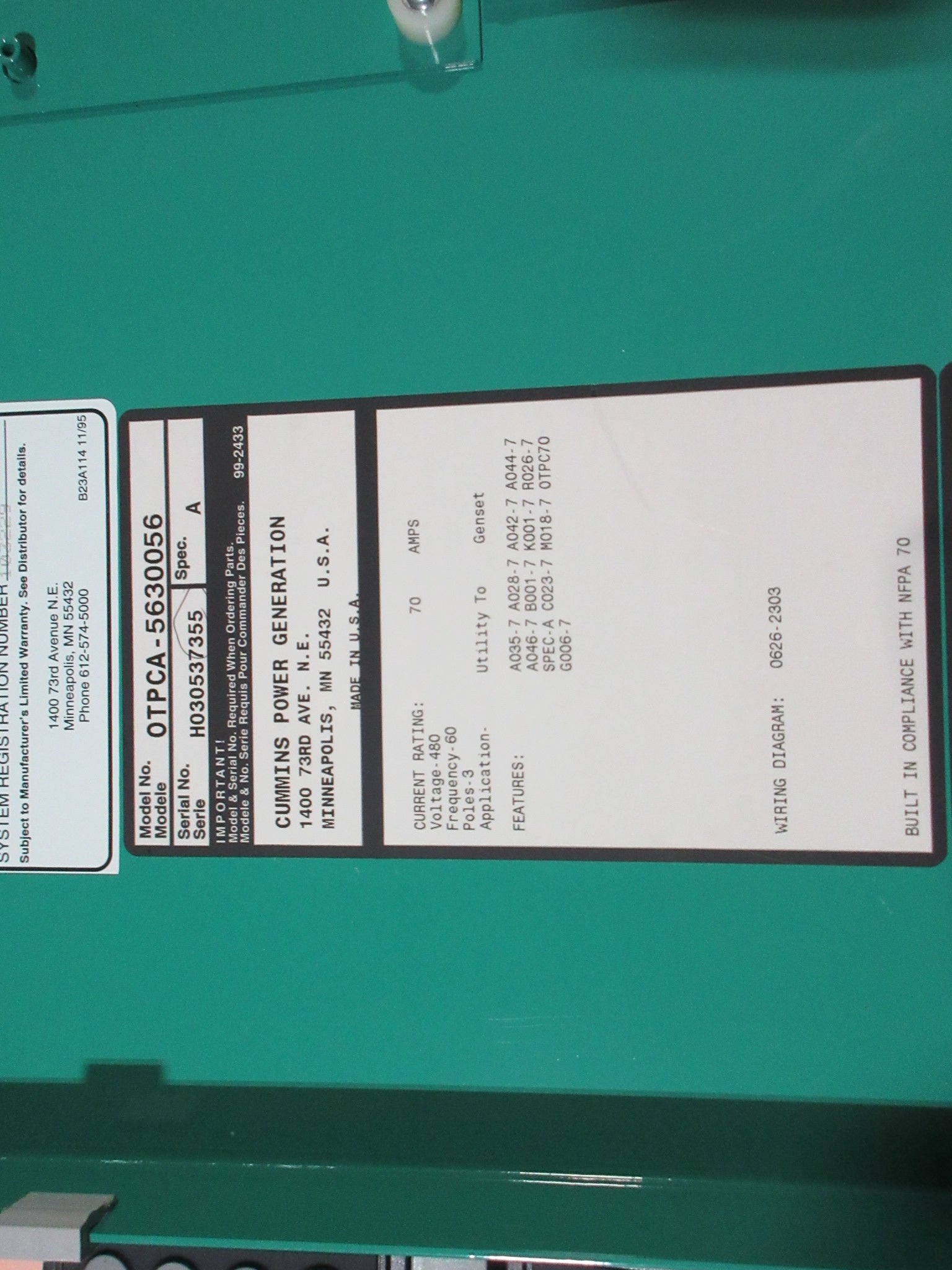 Cummins PowerCommand Automatic Transfer Switch OTPCA-5630056 70A 480V 3P Used