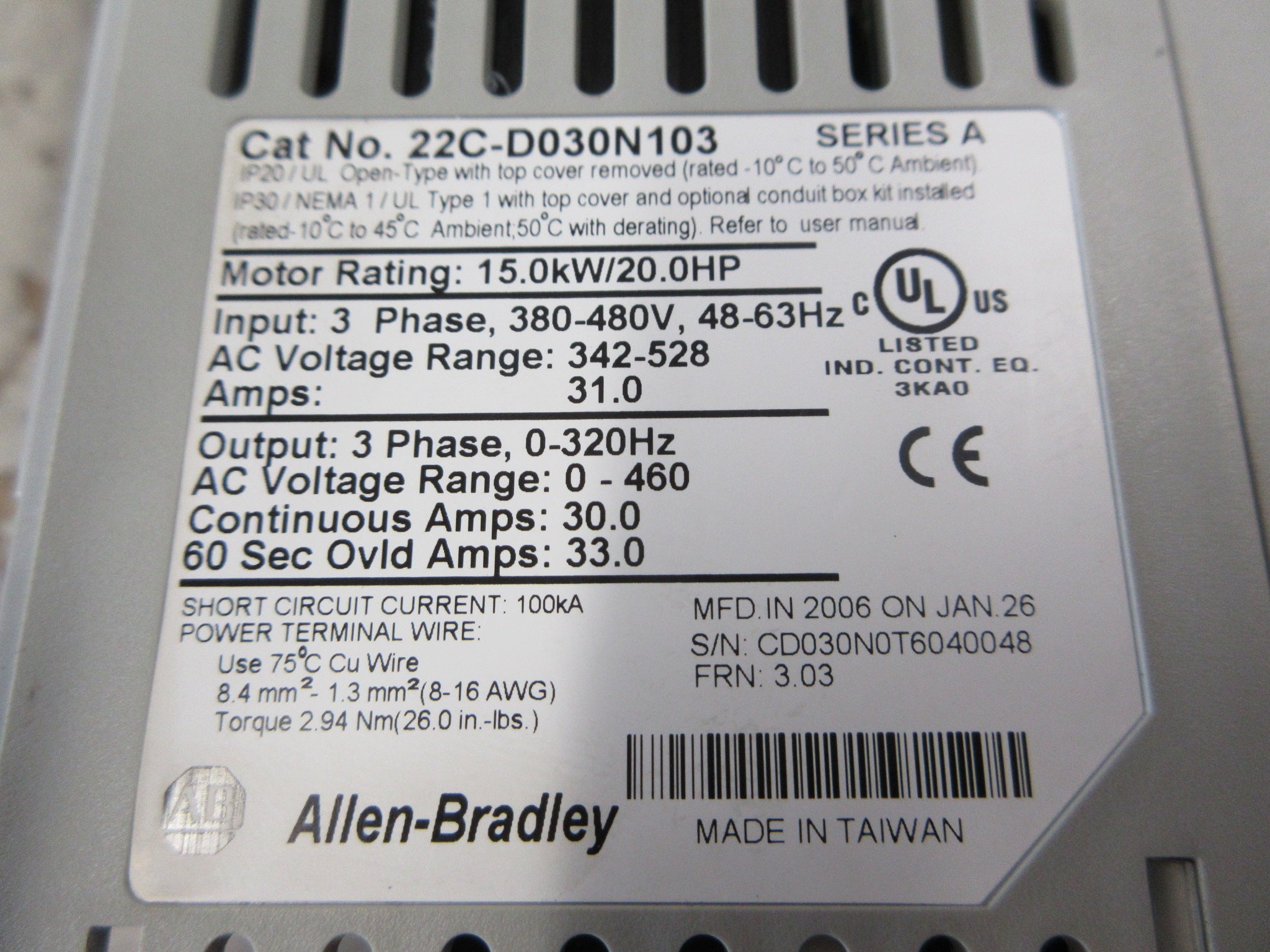 Allen-Bradley PowerFlex 400 AC Drive 22C-D030N103 Ser. A 20HP 3Ph Used
