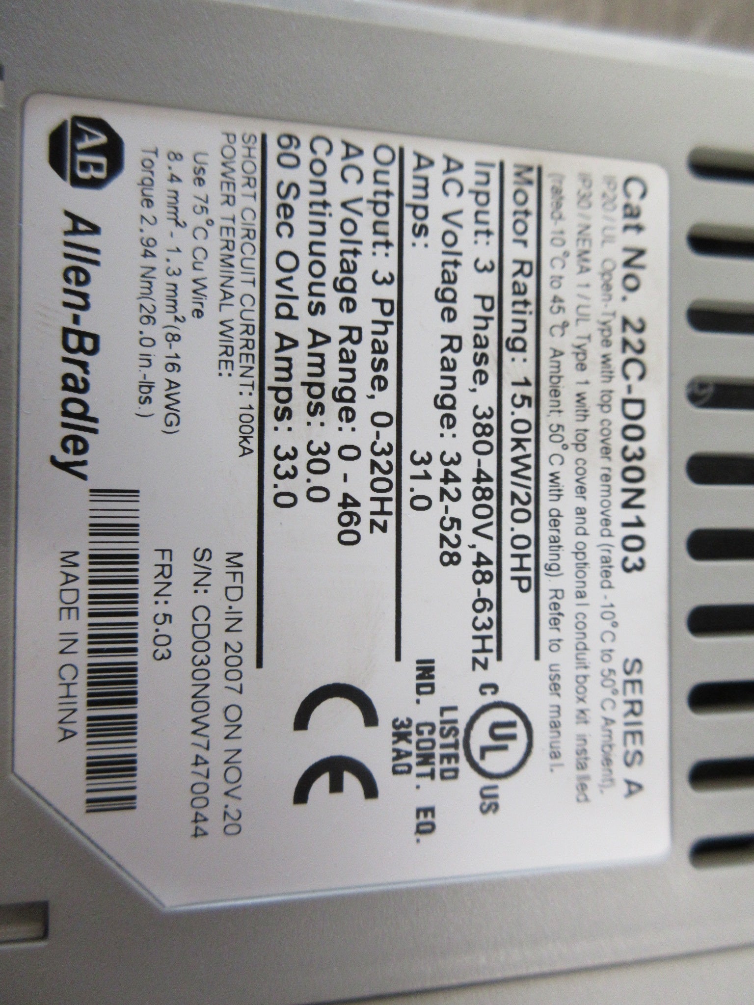 Allen-Bradley PowerFlex 400 AC Drive 22C-D030N103 Ser. A 20HP 3Ph Used