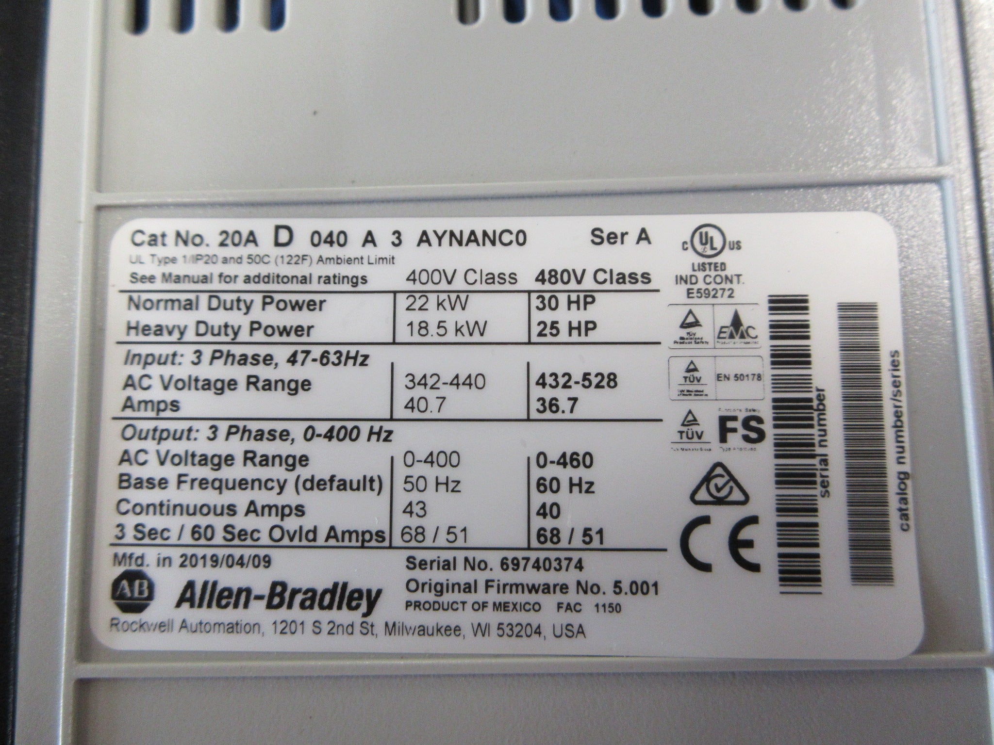 Allen-Bradley PowerFlex 70 AC Drive 20AD040A3AYNANC0 Ser. A 30HP 3Ph Used