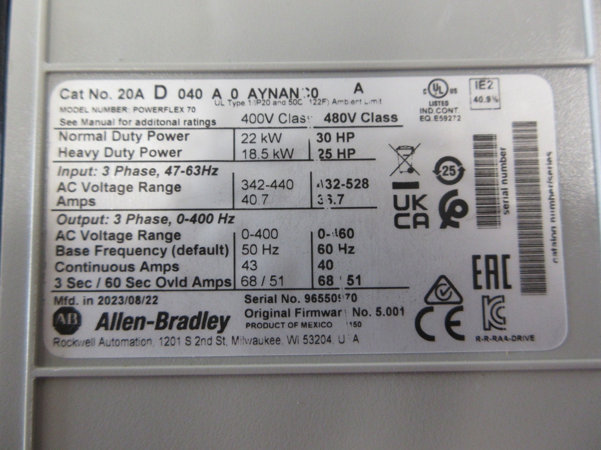 Allen-Bradley PowerFlex 70 AC Drive 20AD040A0AYNANC0 Ser. A 30HP 3Ph Used