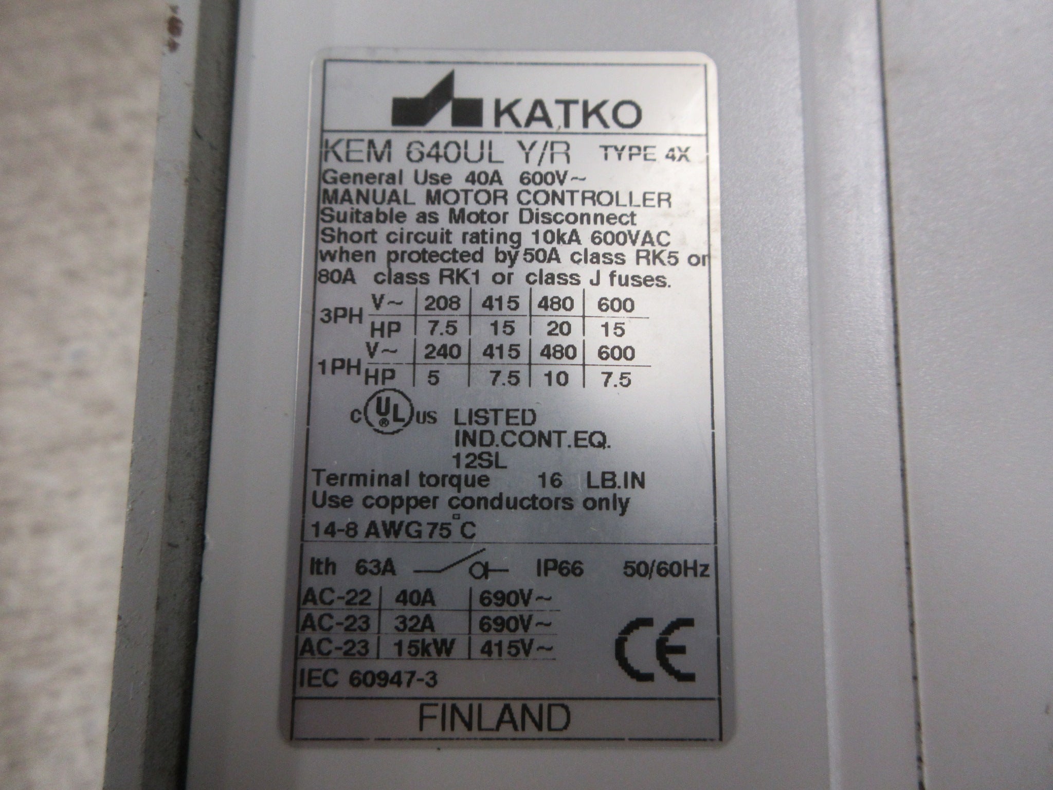 Katko Manual Motor Controller KEM 640UL Y/R 40A 600V Type 4X Enclosure Used