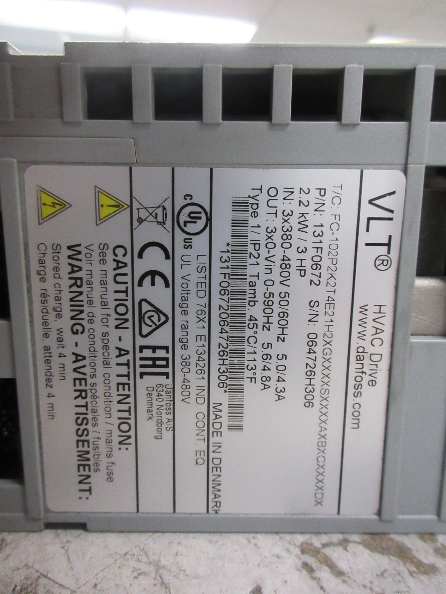 Danfoss VLT AC Drive 131F0672 3HP 3Ph Input:3x380-480V 50/60Hz 5.0/4.3A Used