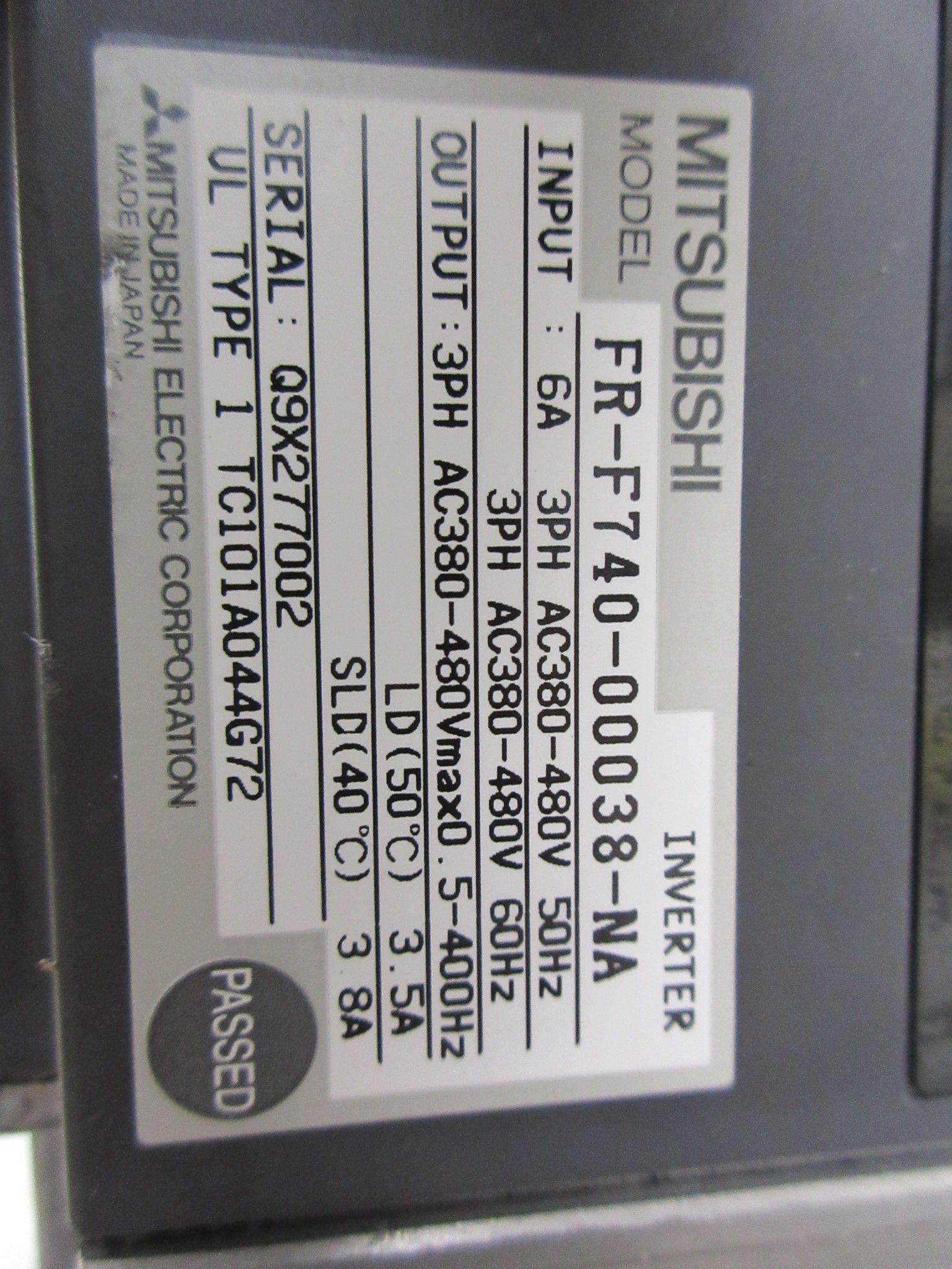 Mitsubishi F700 AC Drive FR-F740-00038-NA 2HP 3Ph Used
