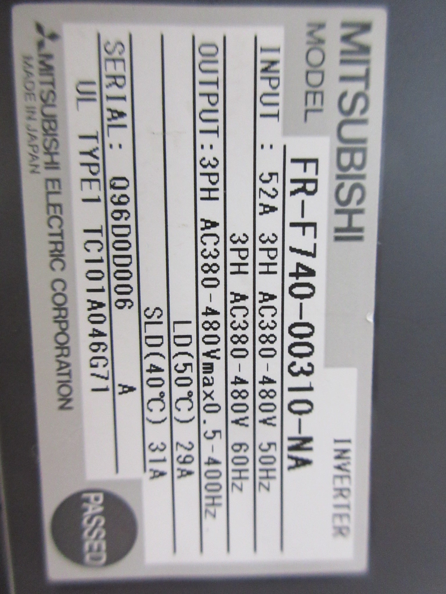 Mitsubishi F700 AC Drive FR-F740-00310-NA 20HP 3Ph Used