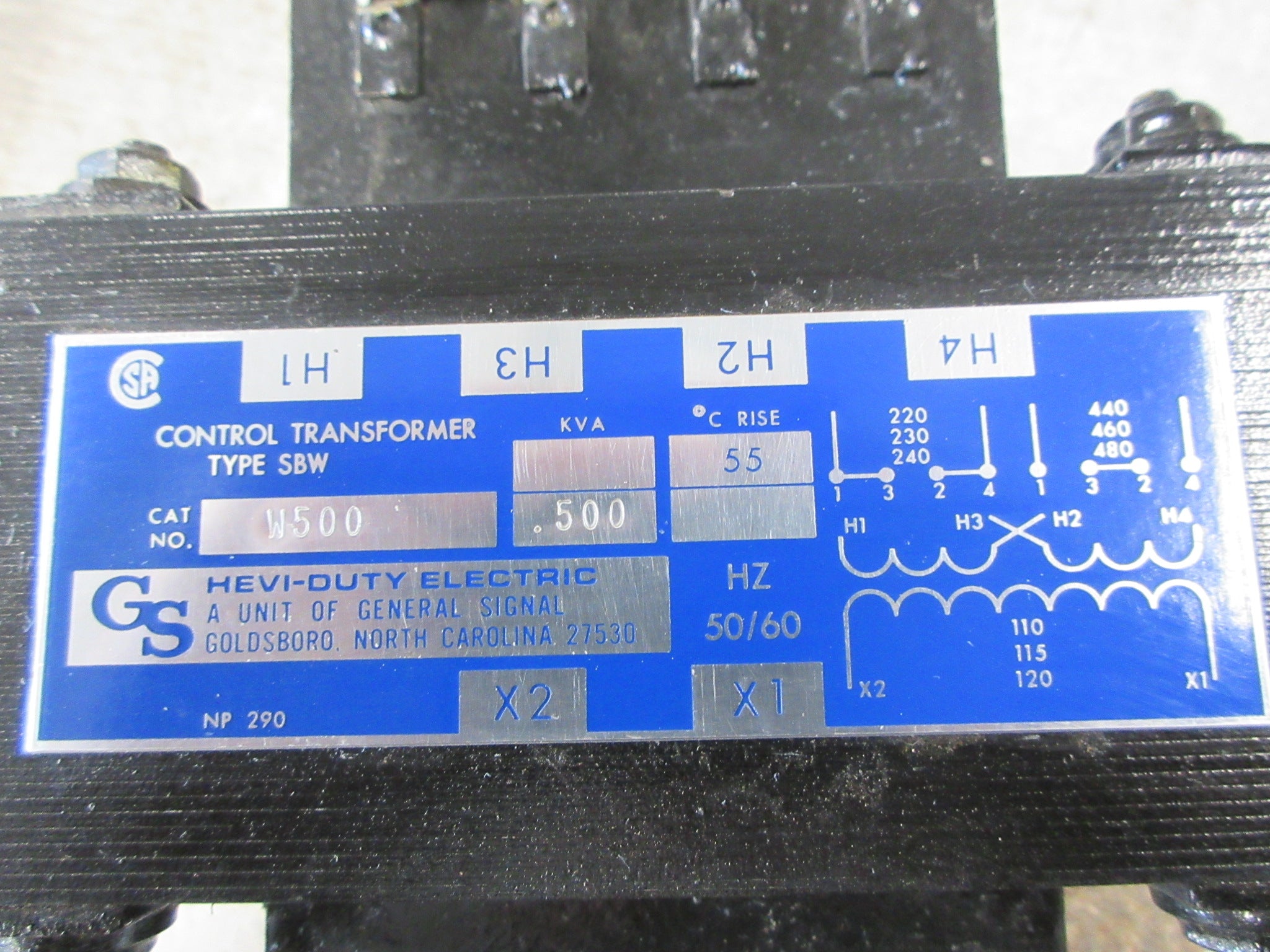 Hevi-Duty Type SBW Control Transformer W500 0.500KVA Pri: 240/480V Used