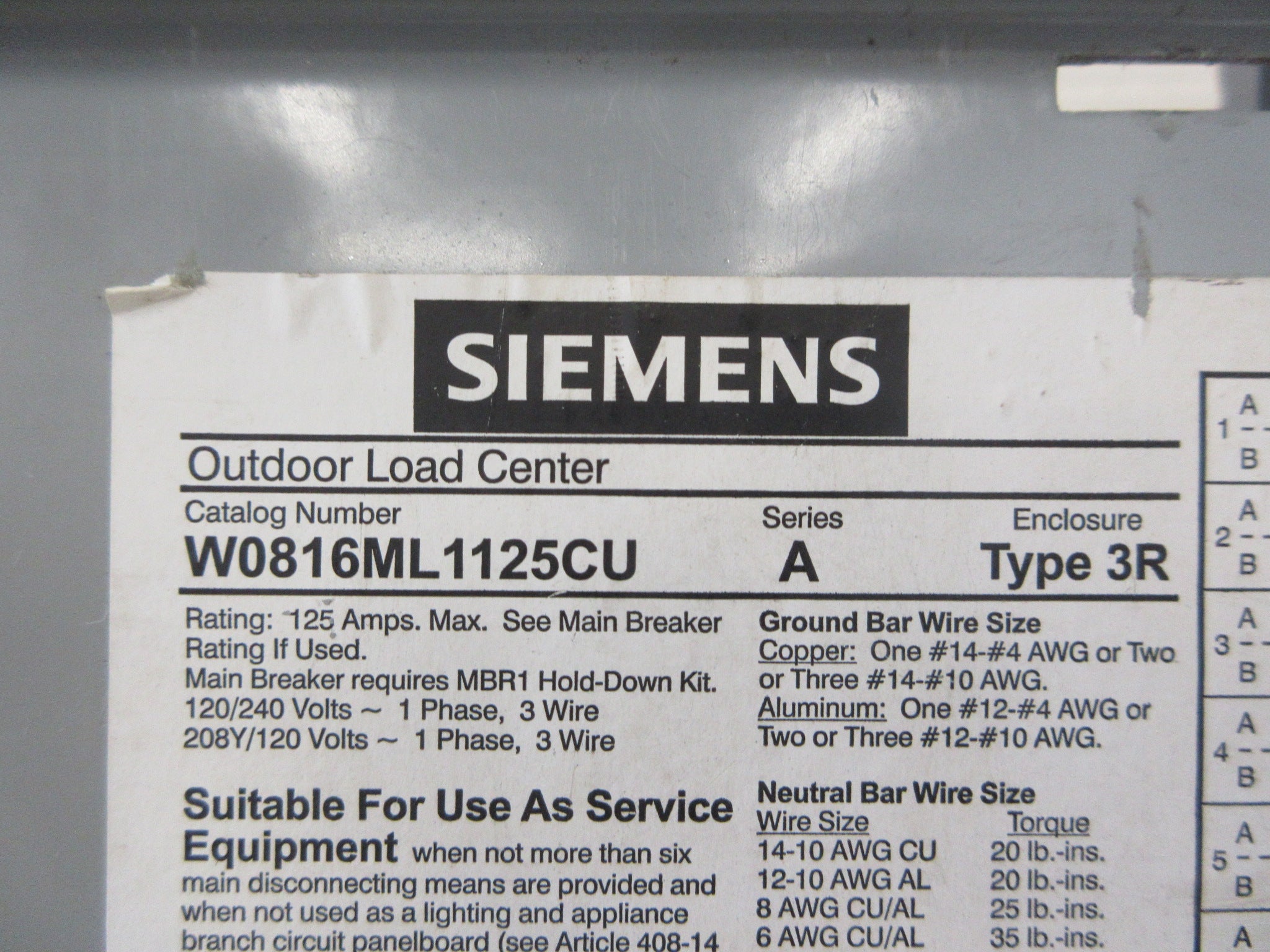 Siemens Main Lug Circuit Breaker Panel W0816ML1125CU 208Y/120V 125A Max Used