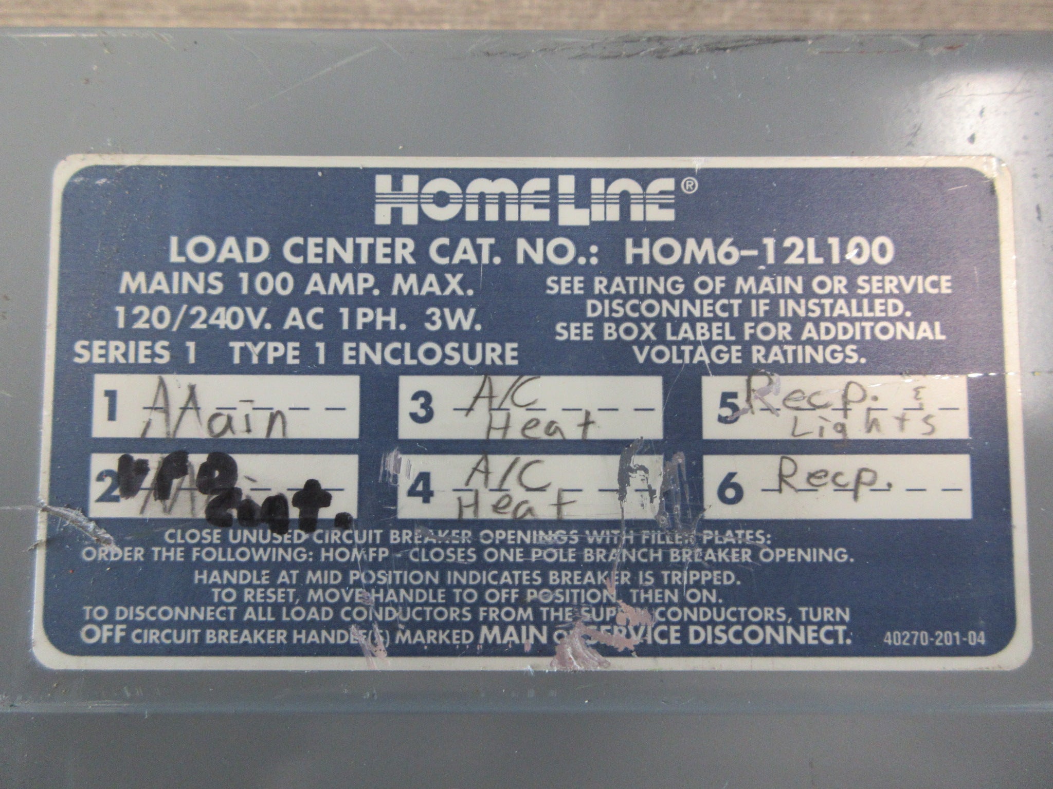 Homeline Main Lug Circuit Breaker Panel HOM6-12L100 Mains 100A Max Used