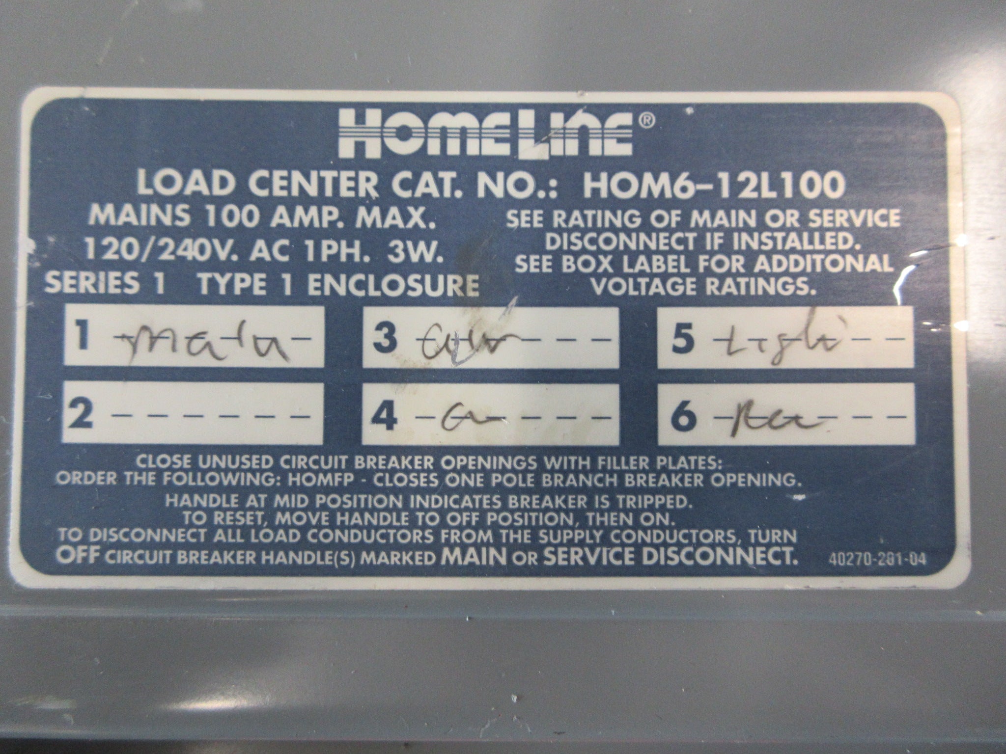 Homeline Main Lug Circuit Breaker Panel HOM6-12L100 Mains 100A Max Used