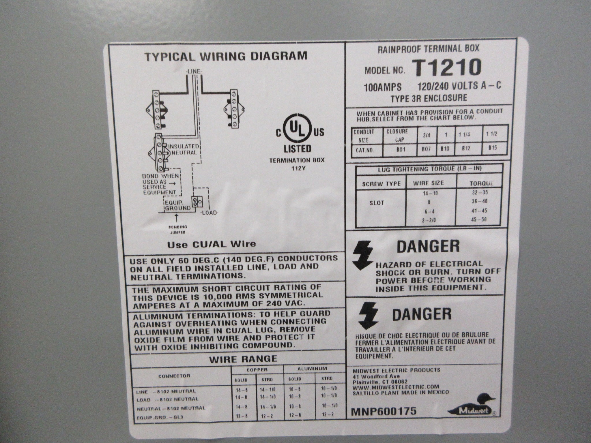 Midwest Electric 3R Terminal Box T1210 100A 120/240V *No Box* New Surplus