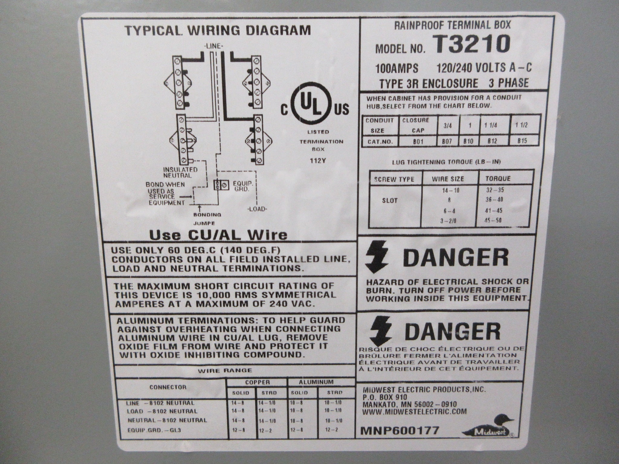 Midwest Electric 3R Terminal Box T3210 100A 120/240V 3Ph *No Box* New Surplus