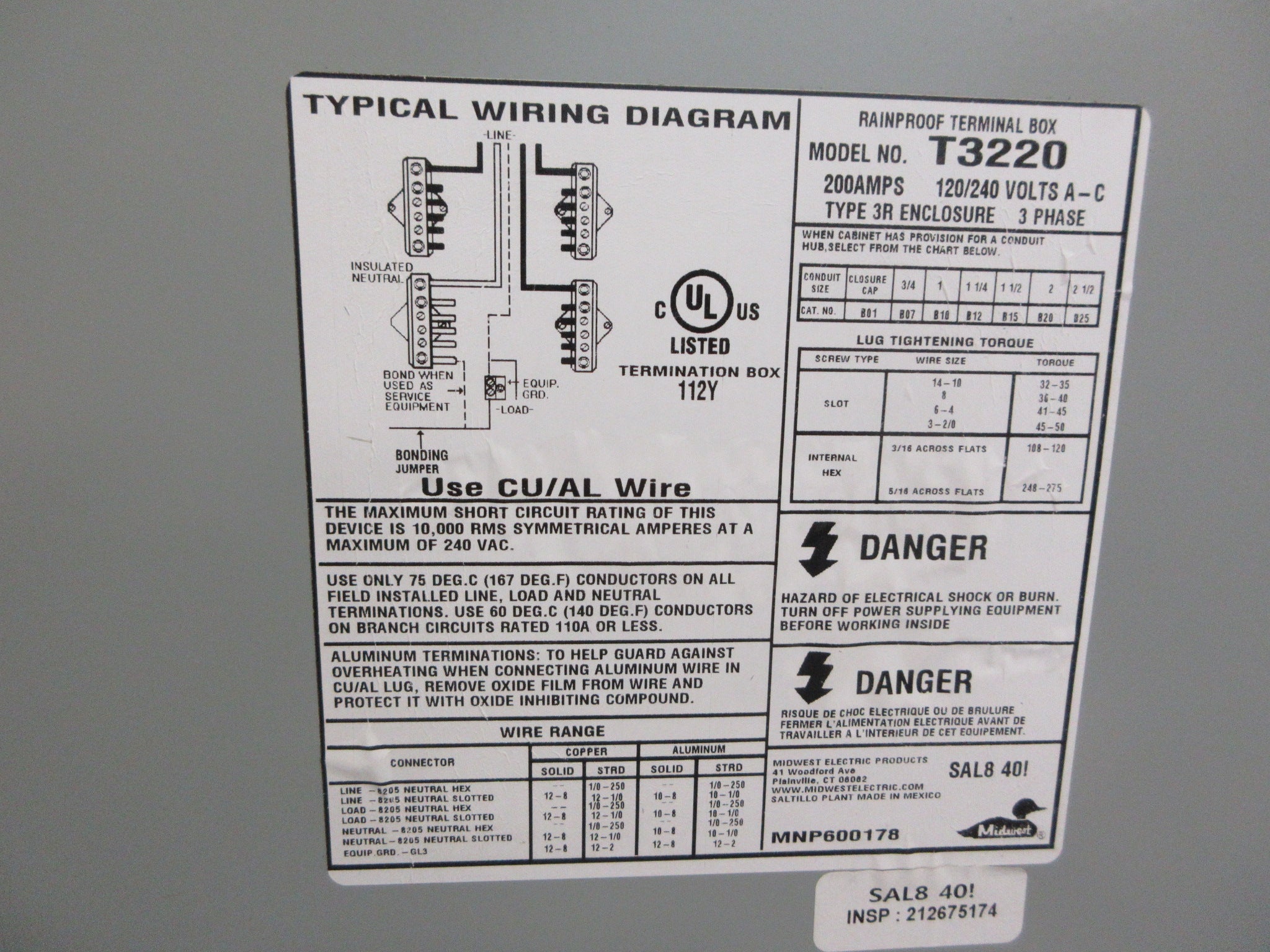Midwest Electric 3R Terminal Box T3220 *Enclosure Only* *No Box* New Surplus