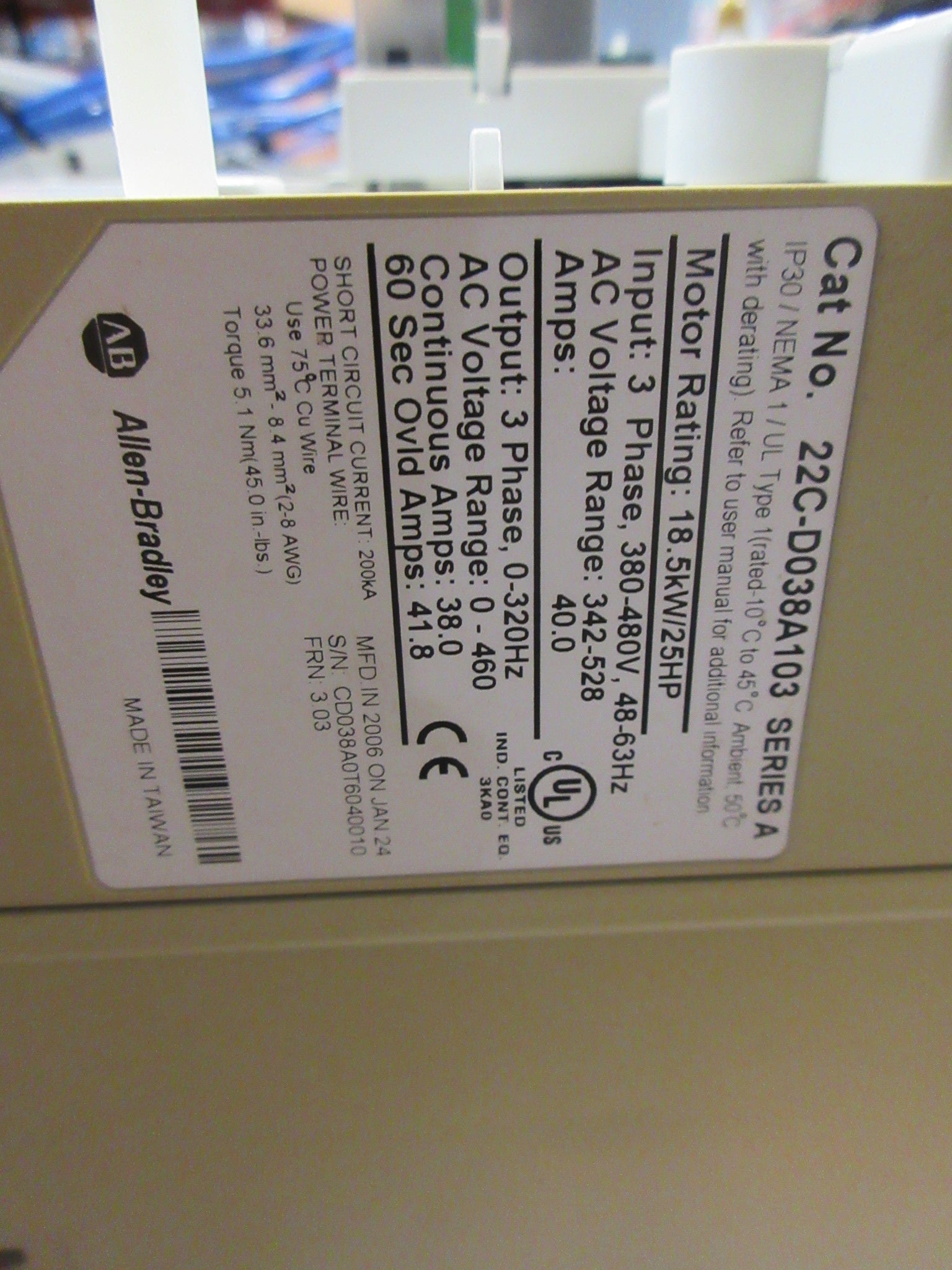 Allen-Bradley PowerFlex 400 AC Drive w/ Bypass 22C-D038A103 Ser. A 25HP 3Ph Used