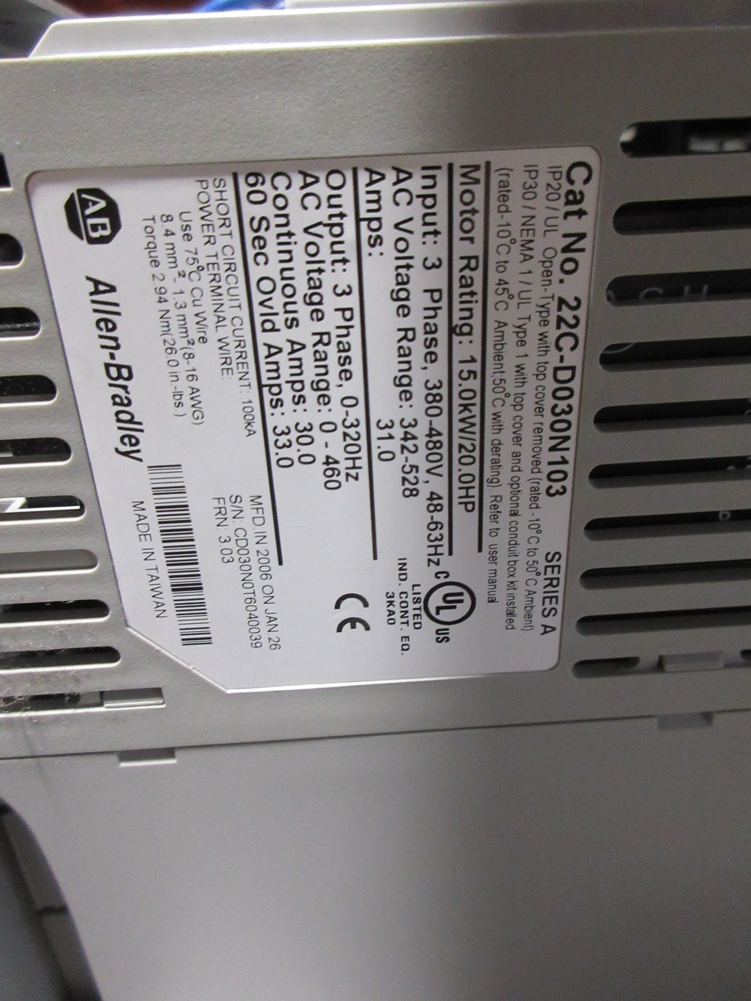 Allen-Bradley PowerFlex 400 AC Drive w/ Bypass 22C-D030N103 20HP 3Ph *No Cover*