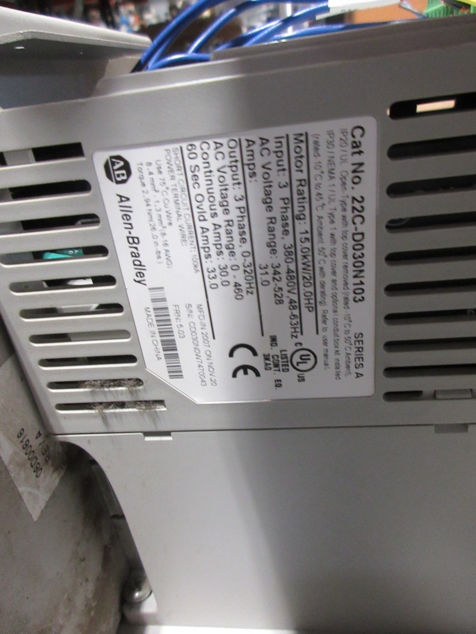 Allen-Bradley PowerFlex 400 AC Drive w/ Bypass 22C-D030N103 20HP 3Ph *No Cover*