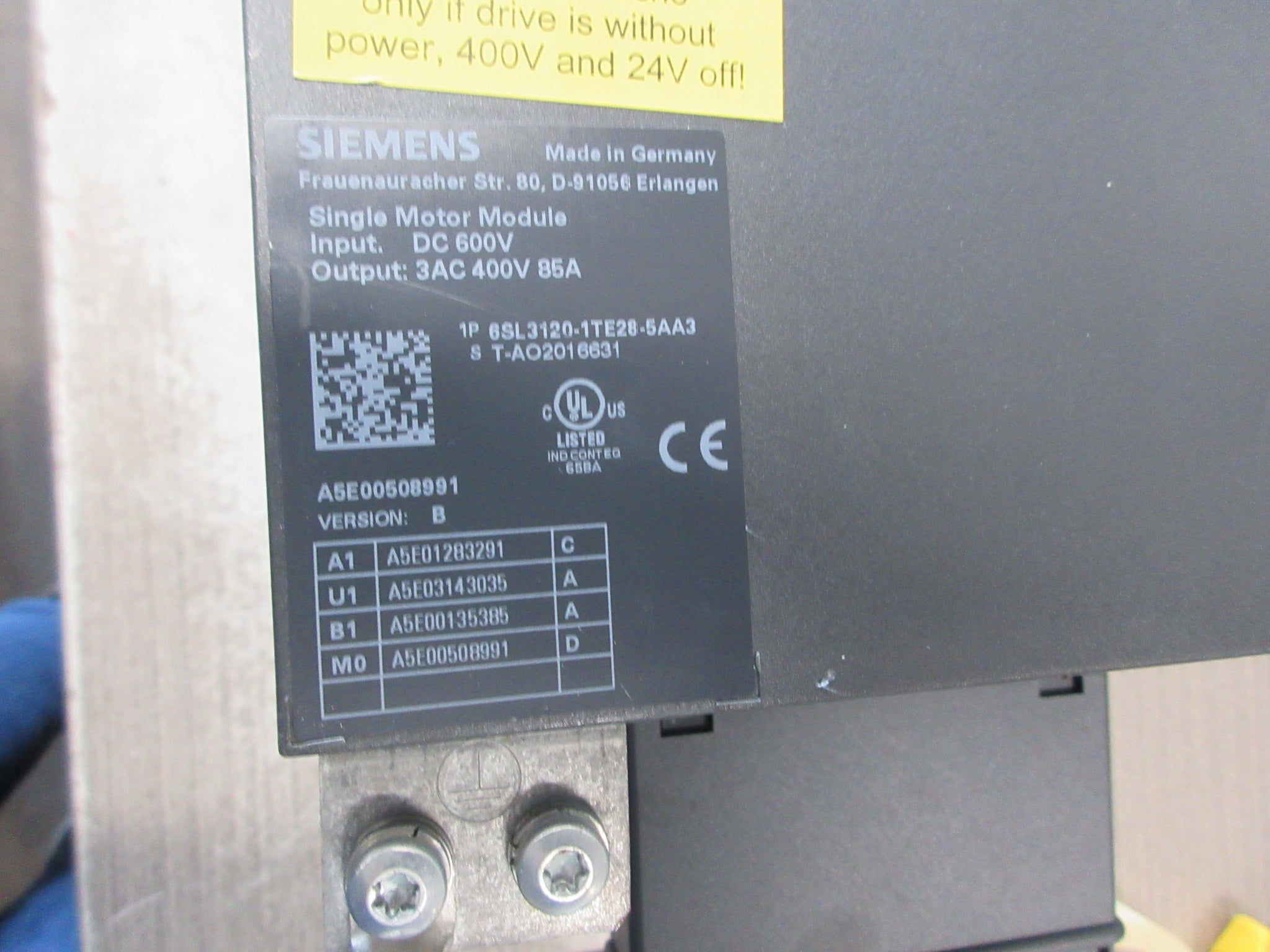 Siemens Sinamics Single Motor Module 6SL3120-1TE28-5AA3 Ver. B Used