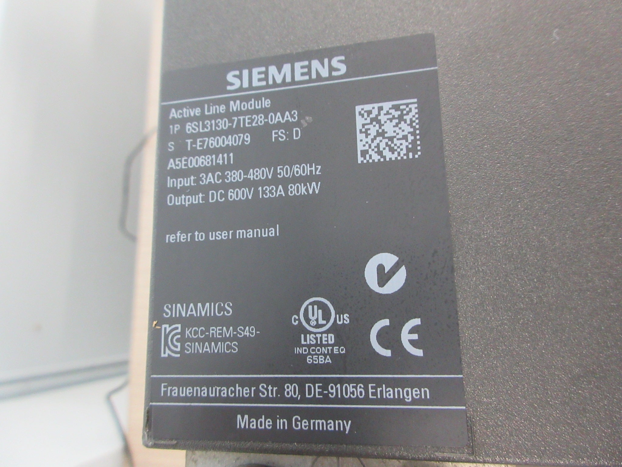 Siemens Sinamics Active Line Module 6SL3130-7TE28-0AA3 FS: D Used