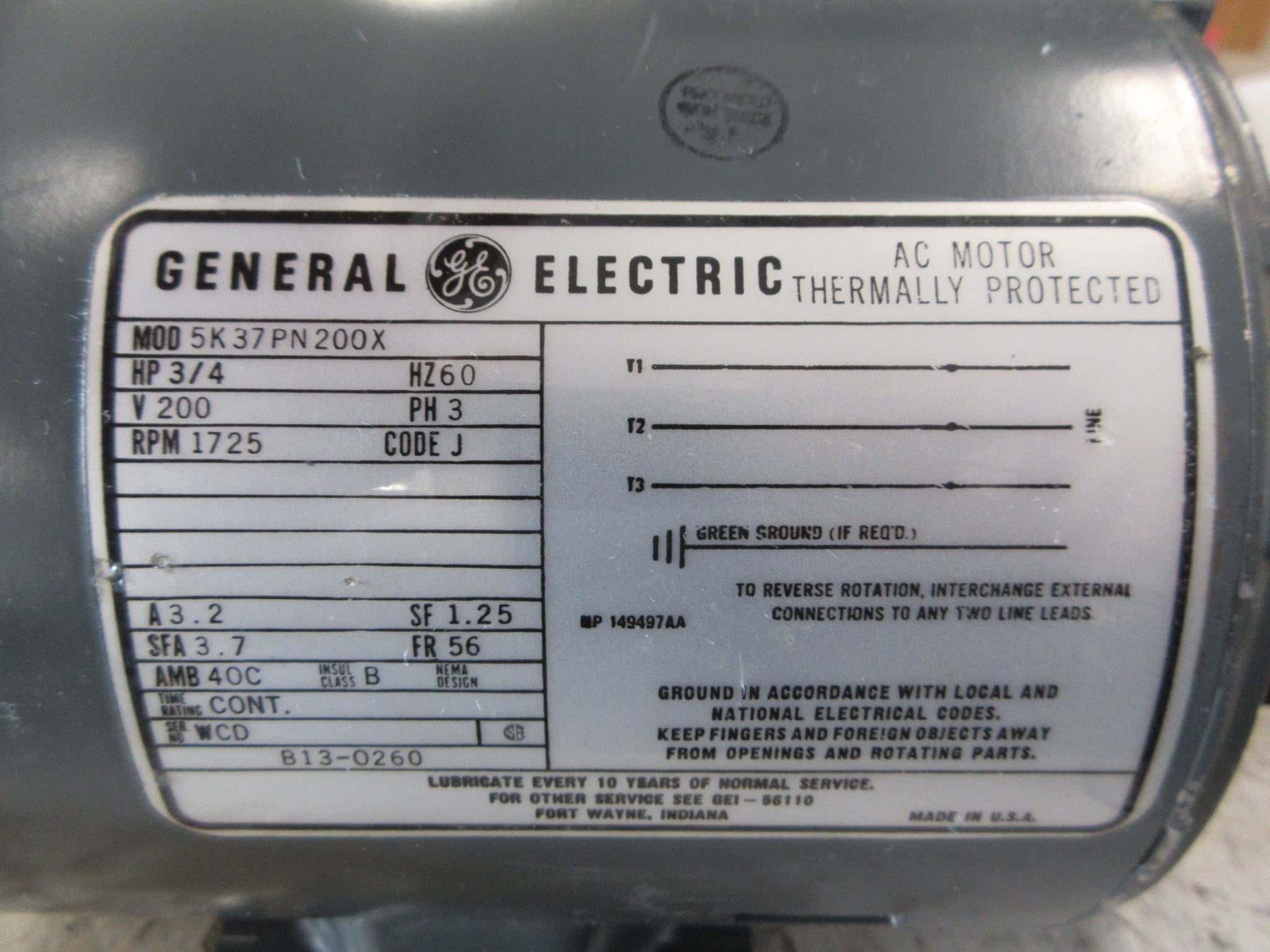 GE AC Motor 5K37PN200X 3/4HP 200V 1725RPM 3.2A 60Hz 3Ph Used