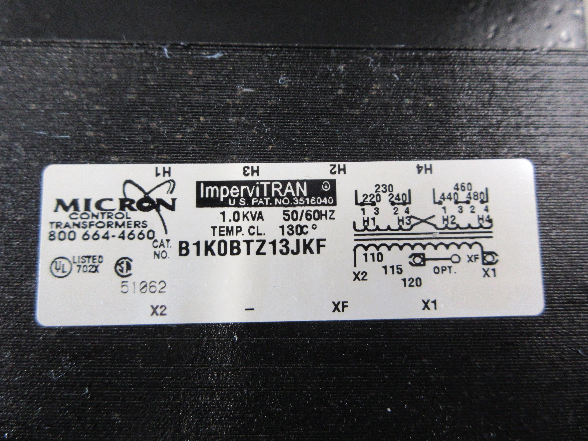 Micron ImperviTRAN Control Transformer B1K0BTZ13JKF 1.0KVA Pri: 240/480V Used