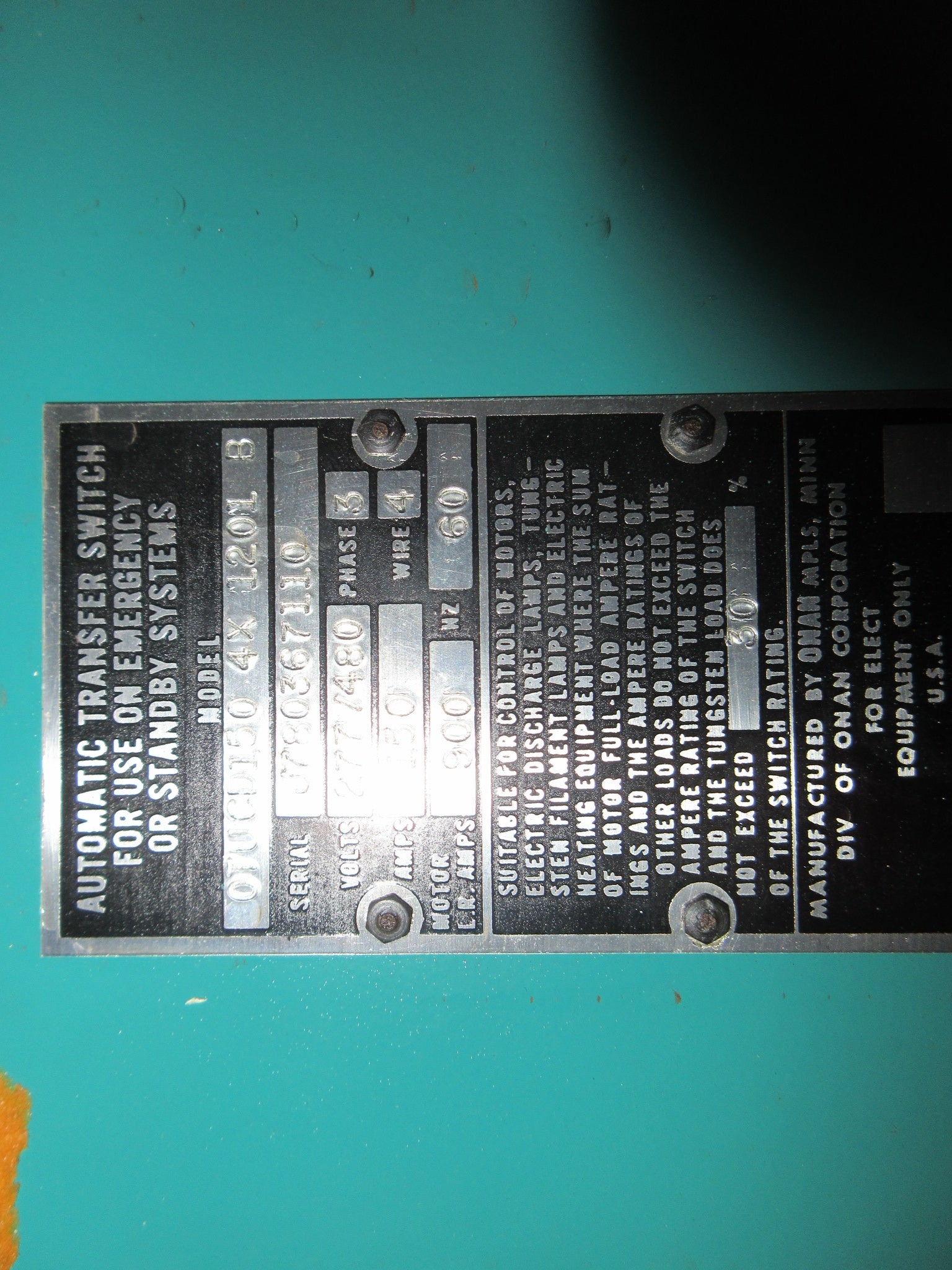 Onan Automatic Transfer Switch OTUCD150 4X 1201 B 150A 277/480V 3Ph 4W Used