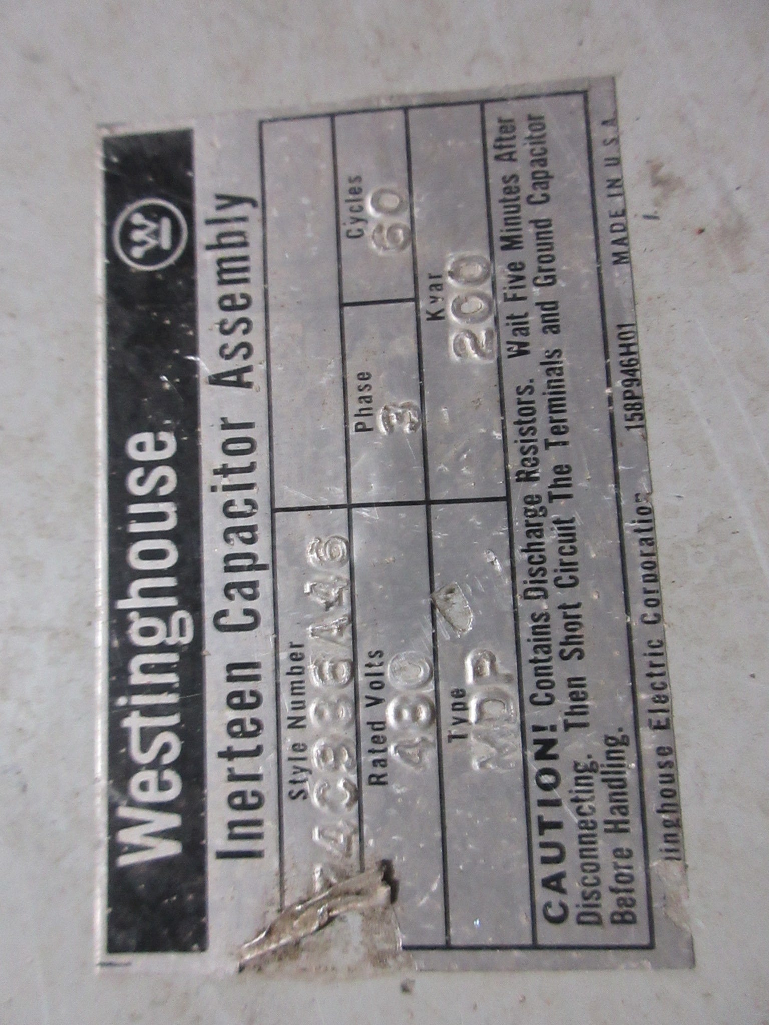 Westinghouse Inerteen Capacitor Assembly 174C986A46 200 KVAR 480V 3Ph 60Hz Used