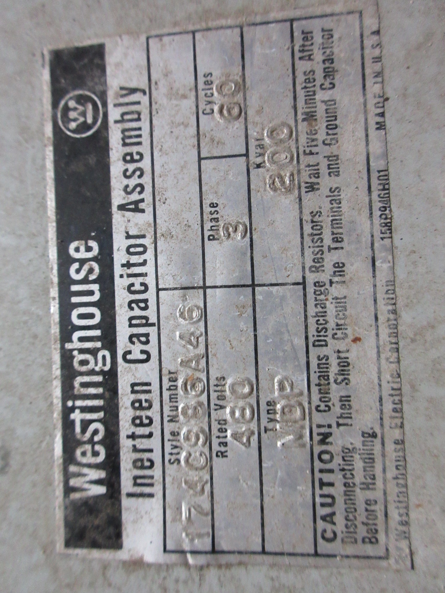 Westinghouse Inerteen Capacitor Assembly 174C986A46 200 KVAR 480V 3Ph 60Hz Used