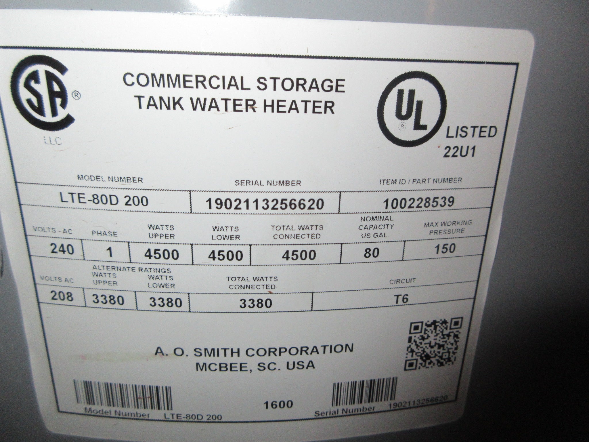 A.O. Smith LTE-80D 200 Commcial Electric Tank Water Heater 100228539 Used