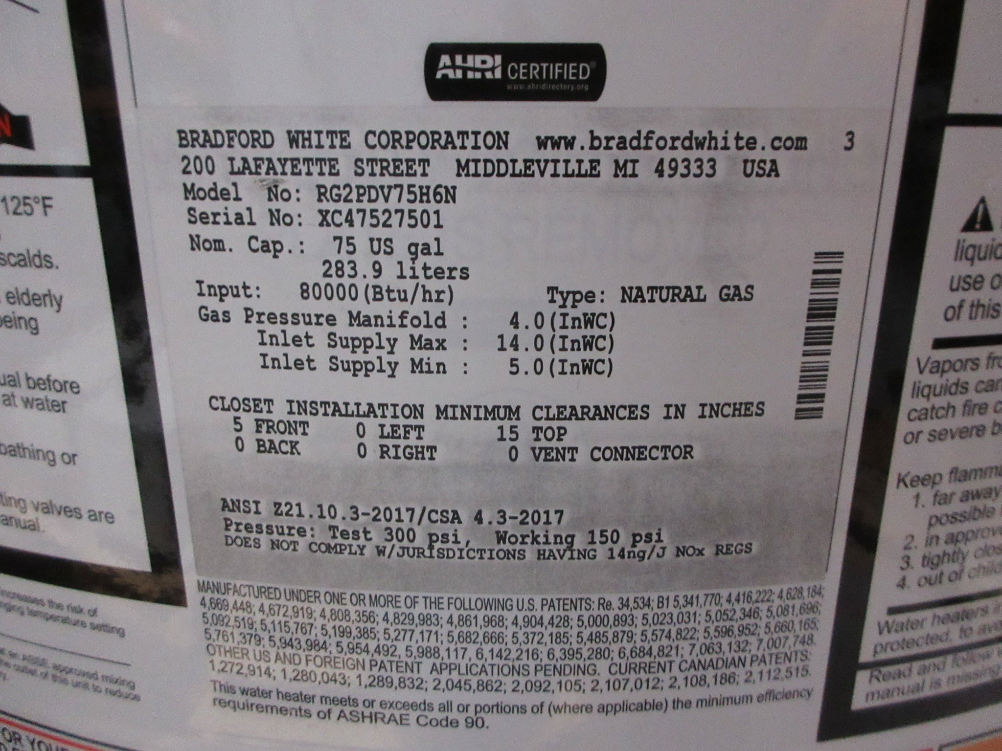 Bradford Defender Natural Gas Tank Water Heater RG2PDV75H6N 80,000BTU Used