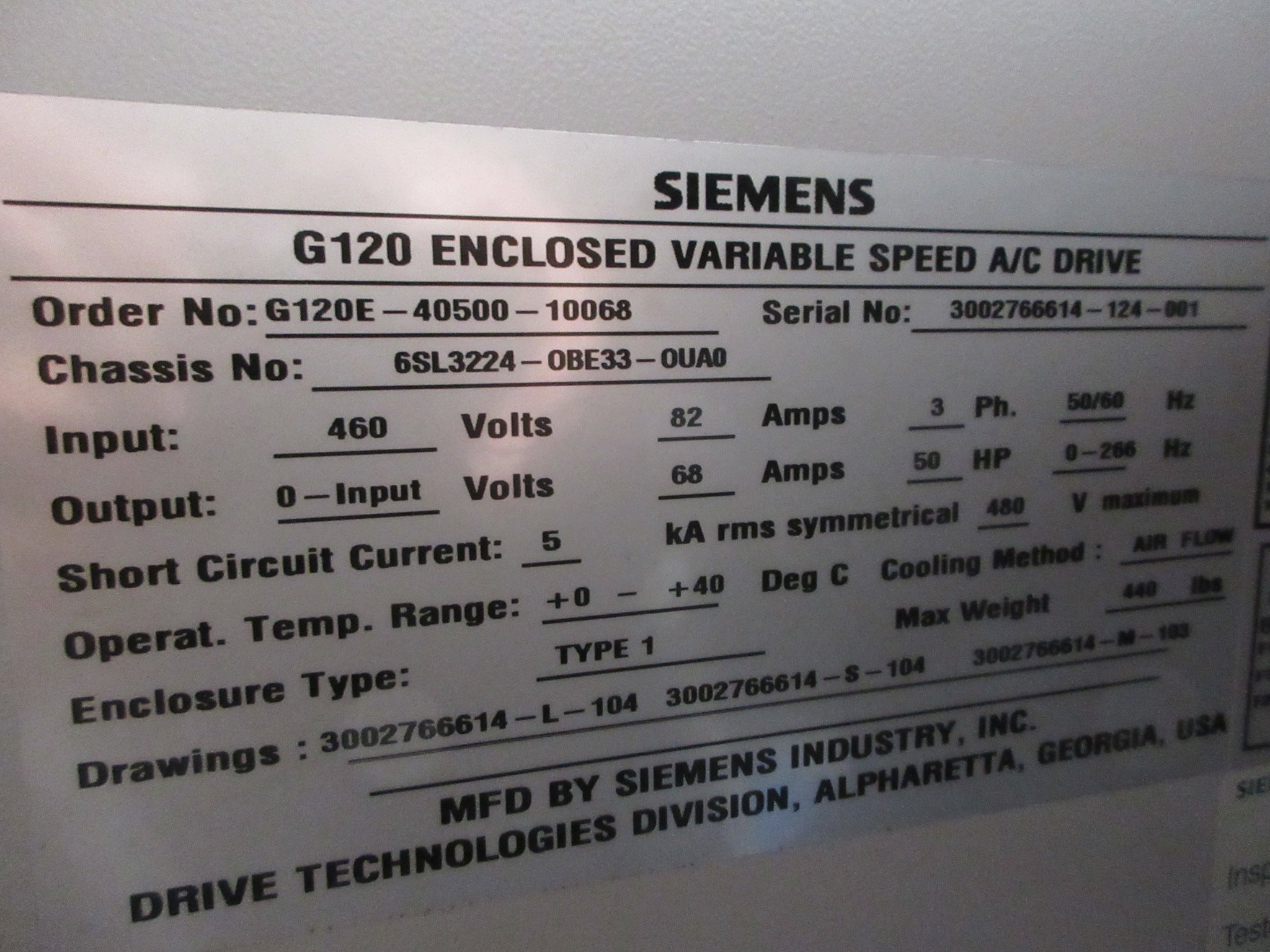 Siemens Sinamics G120 AC Drive 6SL3224-OBE33-0UA0 50HP 3Ph Used