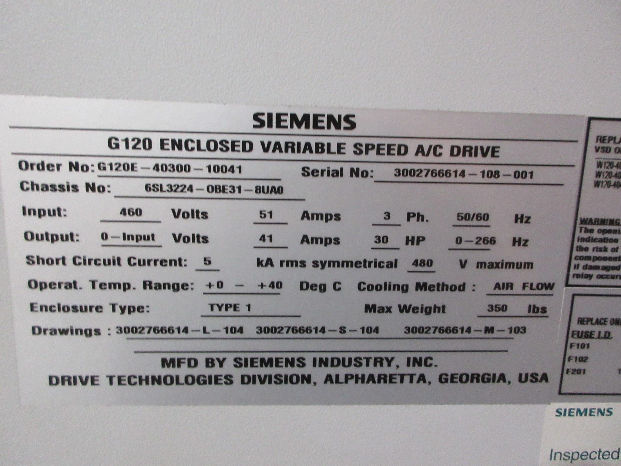 Siemens Sinamics G120 AC Drive 6SL324-OBE31-8UA0 30HP 3Ph Used