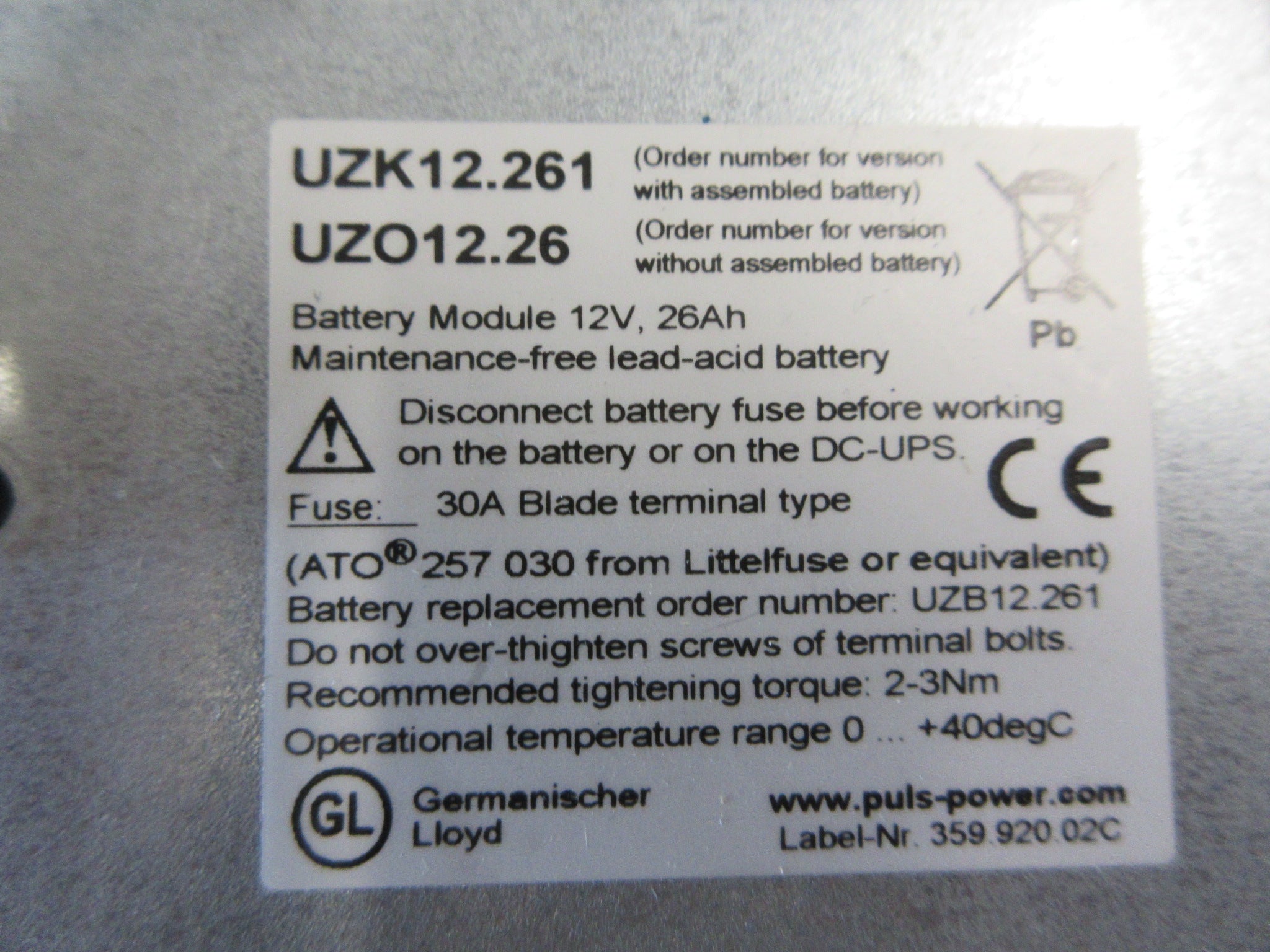 Puls Dimension Battery Module UZK12.261 12V 26Ah Lead-Acid Battery Used