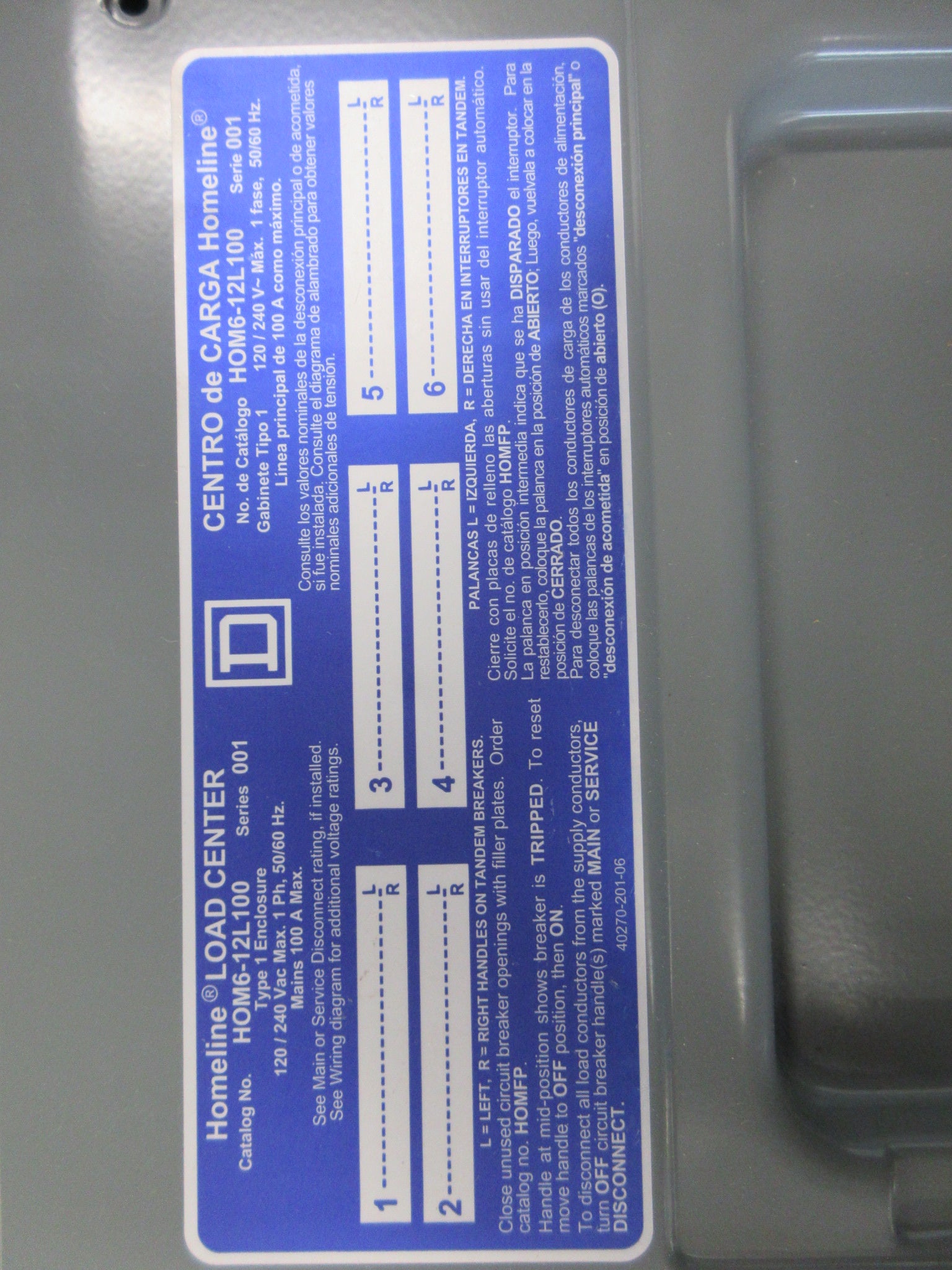 Square D Main Lug Circuit Breaker Panel HOM6-12L100 120/240V New Surplus