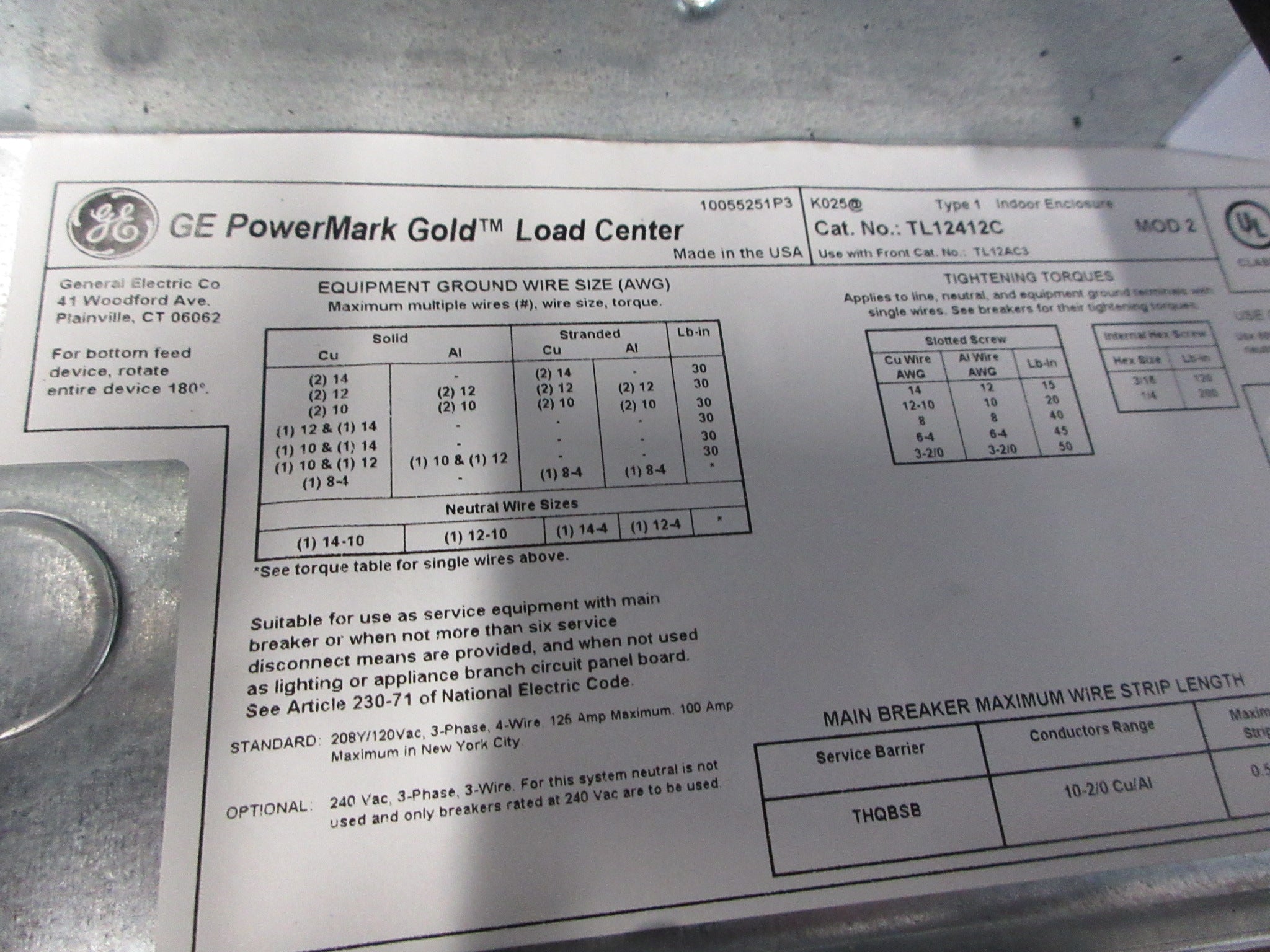 GE Main Lug Circuit Breaker Panel TL12412C 208Y/120V 1Ph 4W MOD 2 New Surplus