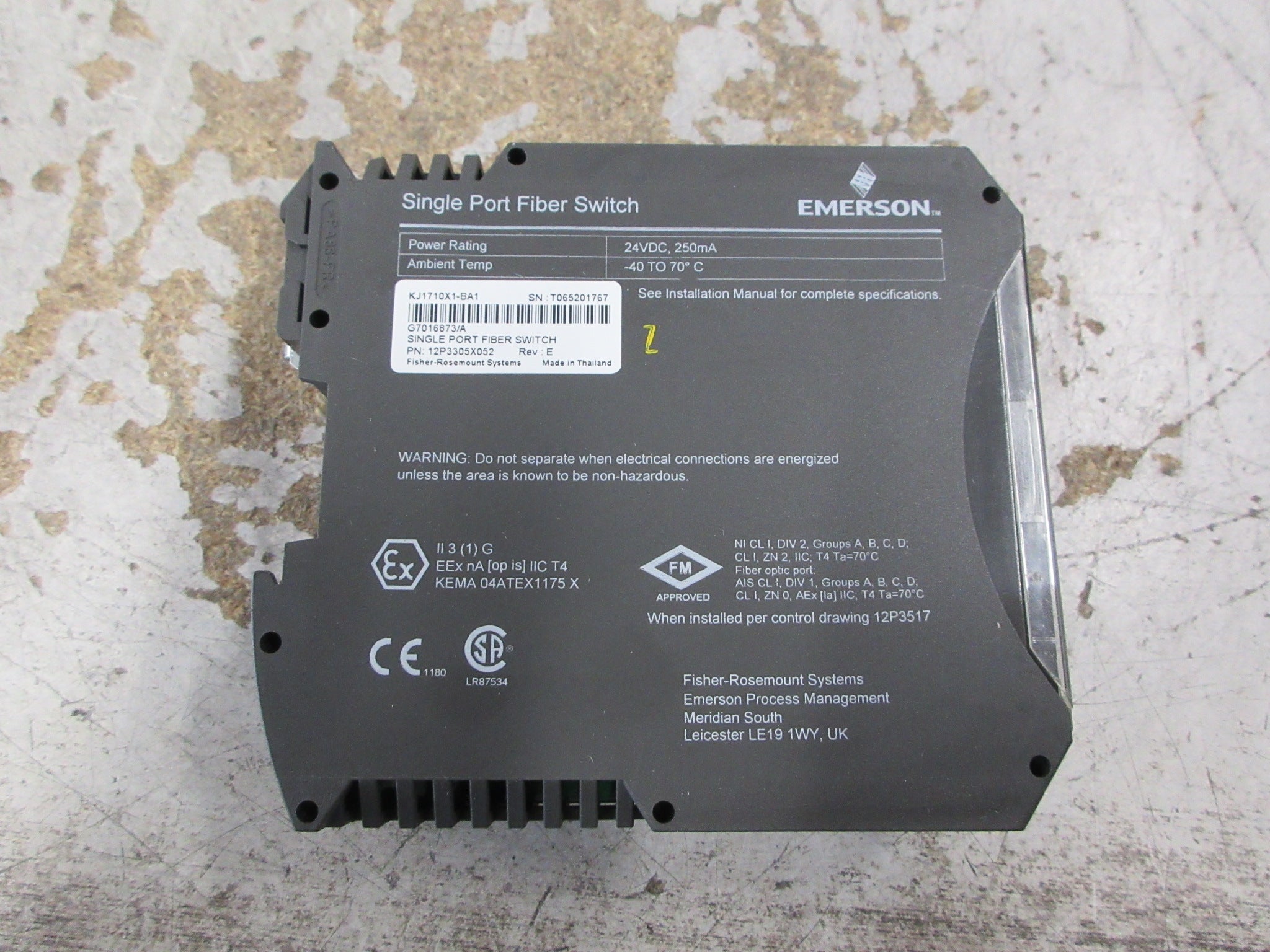 Emerson KJ1710X1-BA1 Single Port Fiber Switch 12P3305X052 Rev. E Used