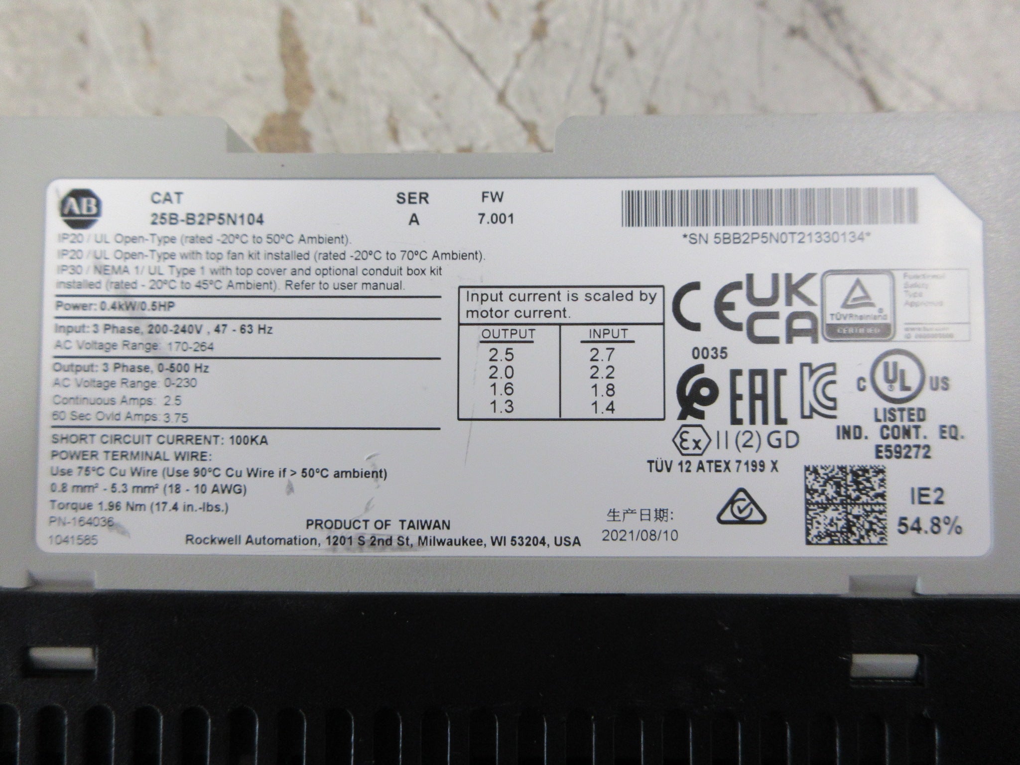 Allen-Bradley PowerFlex 525 AC Drive 25B-B2P5N104 Ser. A F/W: 7.001 0.5HP Used