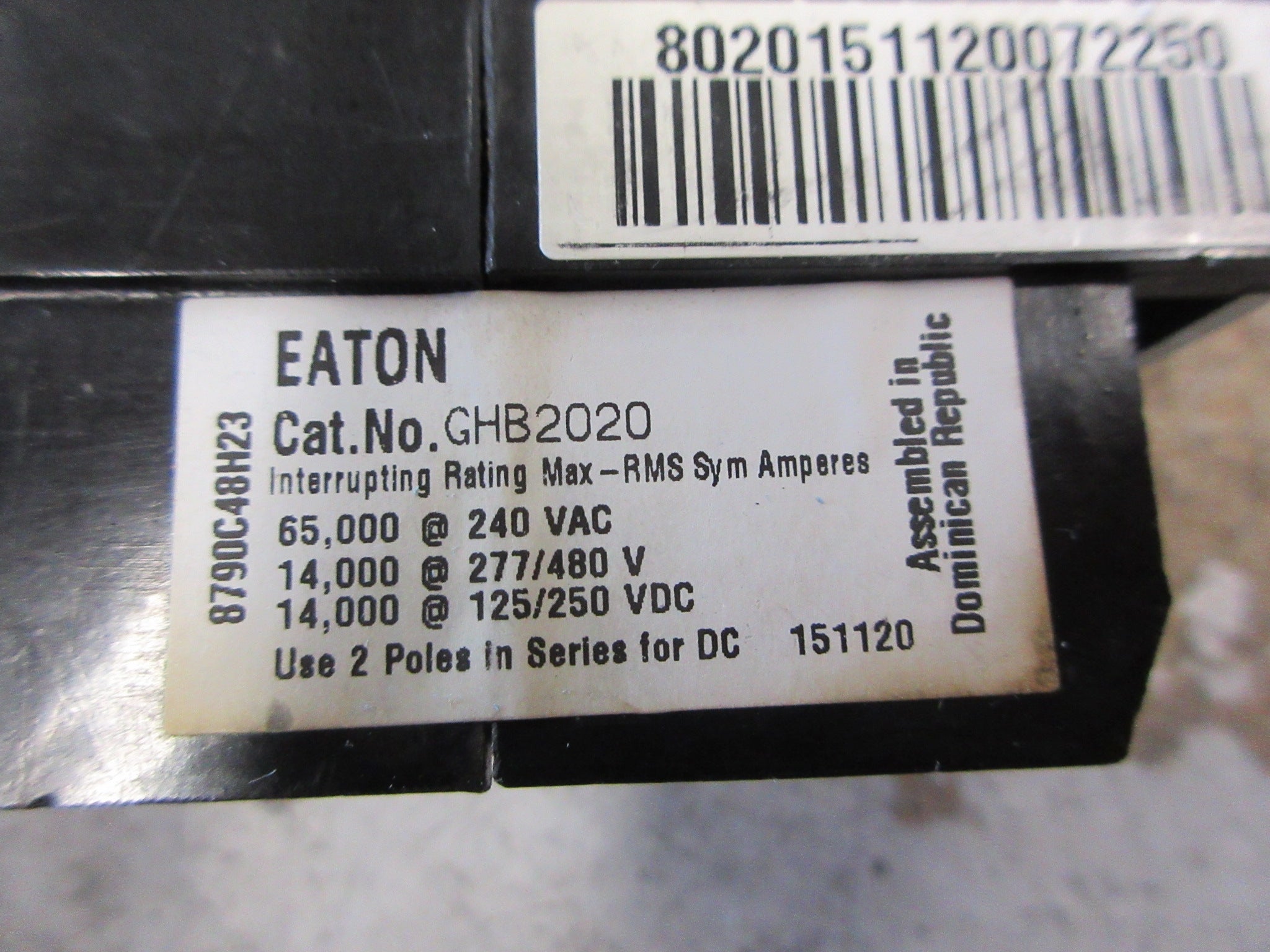 Eaton Bolt-On Circuit Breaker GHB2020 20A 240/277/480V 2P Used