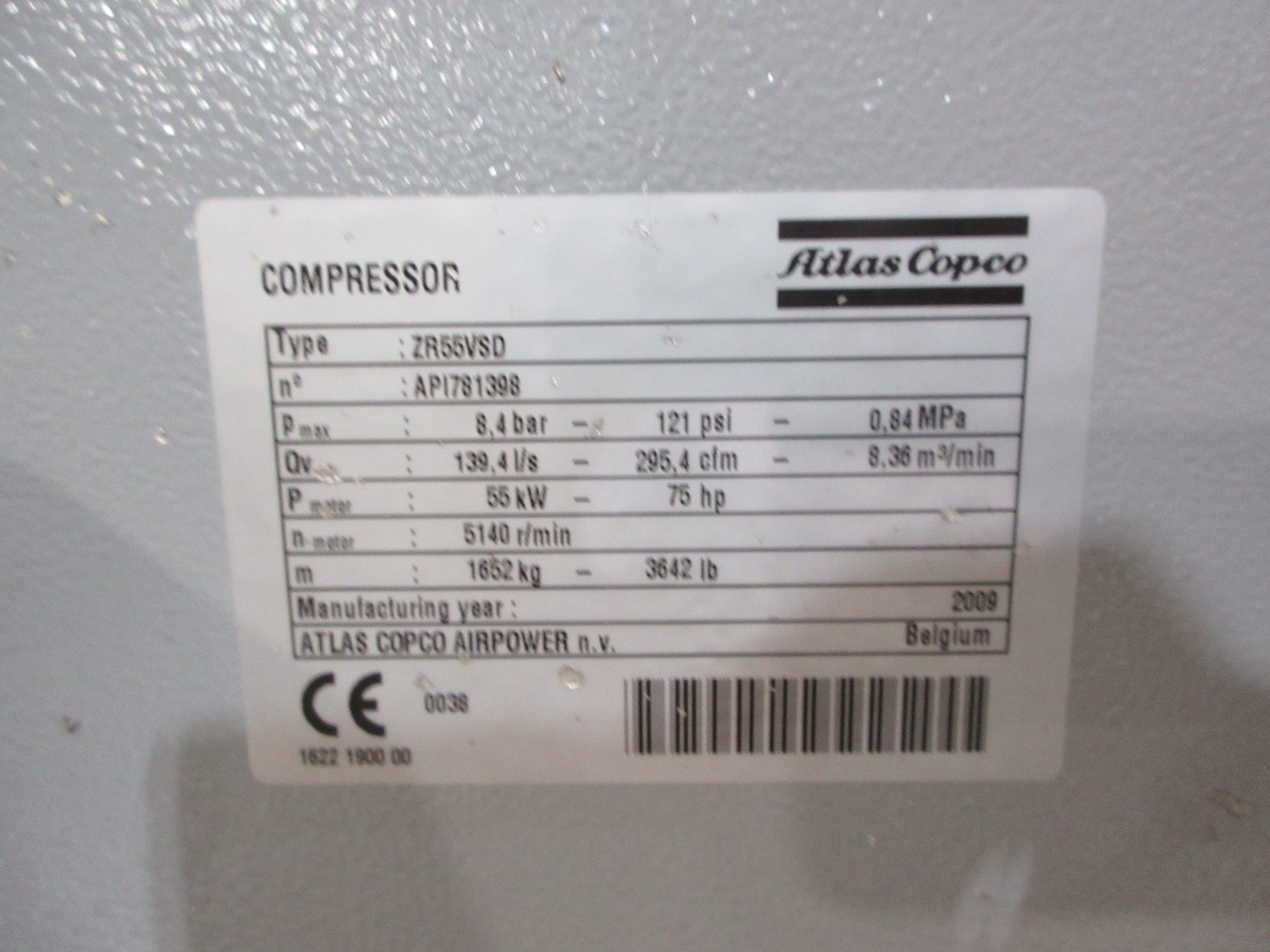 Atlas Copco Rotary Screw Compressor ZR55VSDFF 75HP 121 PSI 295.4 CFM Used