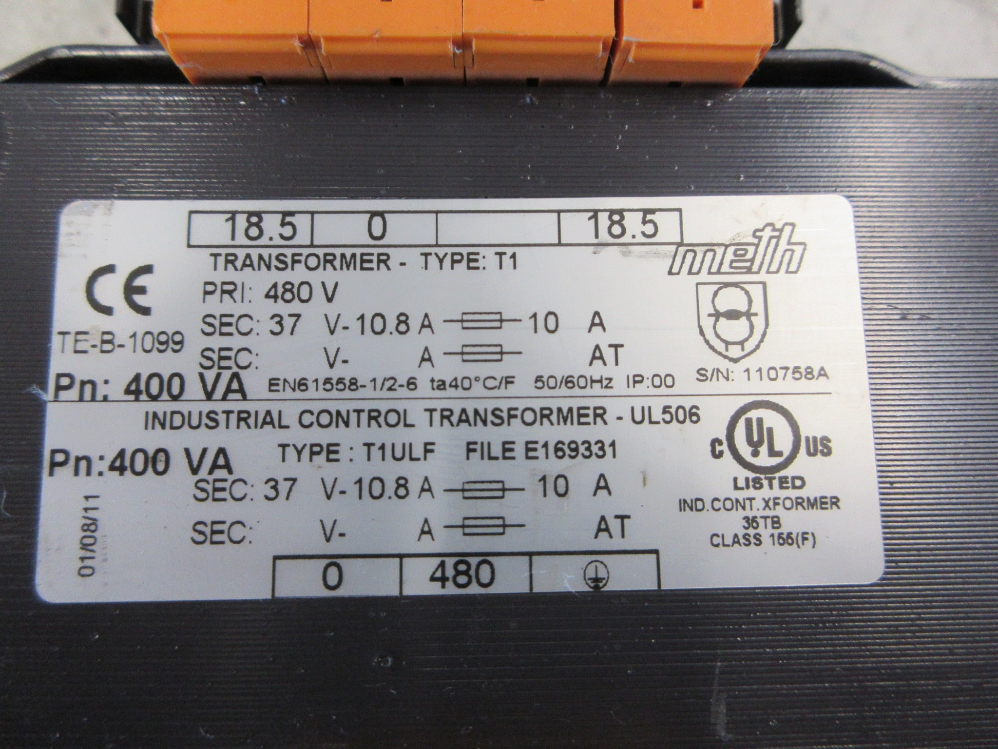 Meth Electric Control Transformer T1ULF 400VA Pri: 480V Sec: 37V 50/60Hz Used