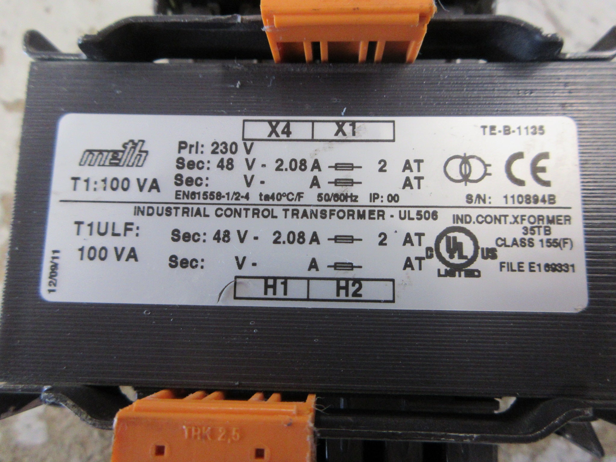 Meth Electric Control Transformer T1ULF 100VA Pri: 230V Sec: 48V 50/60Hz Used