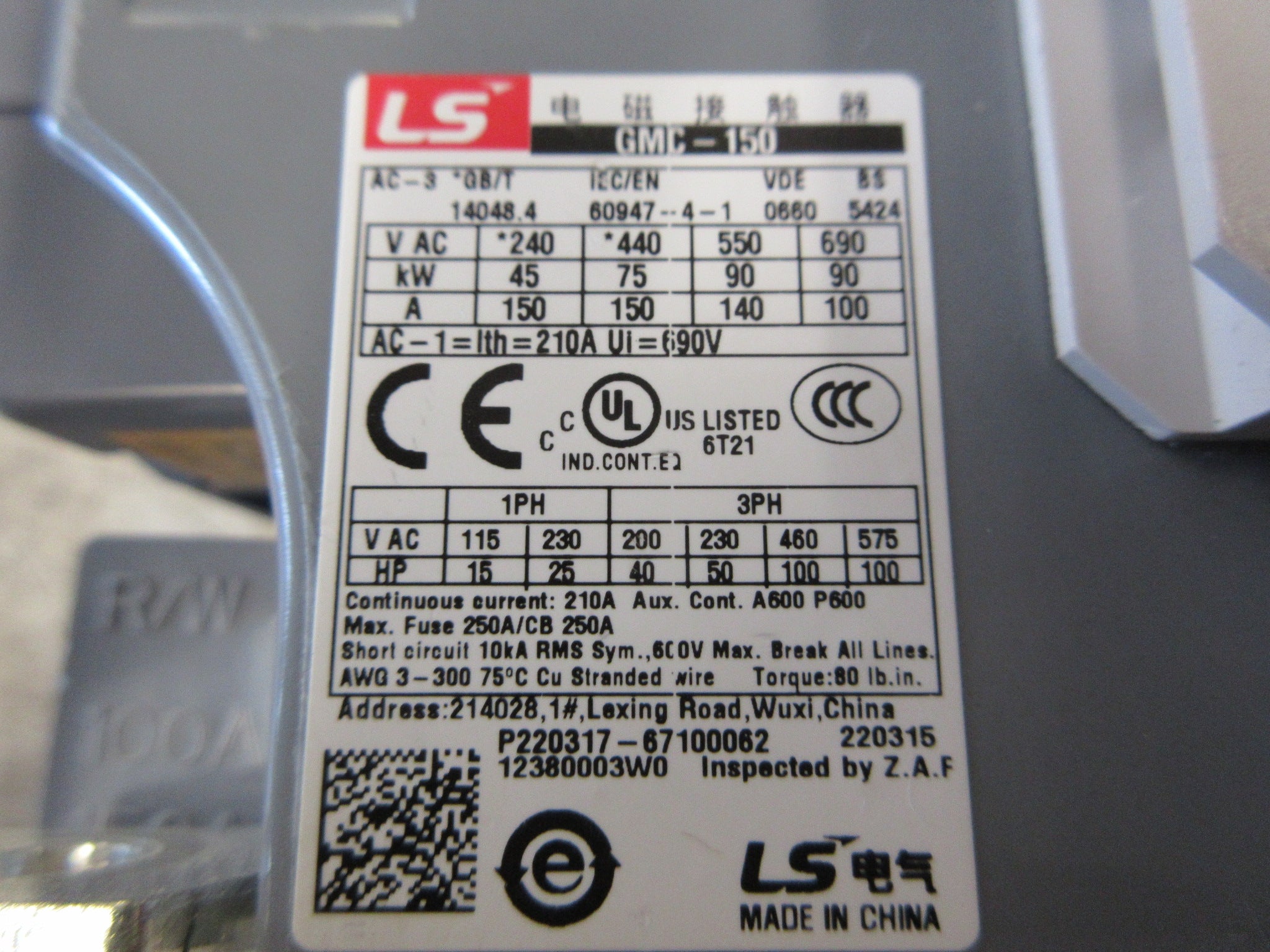 LS Meta MEC Contactor GMC-150 100-240V Coil 150A 600V Used